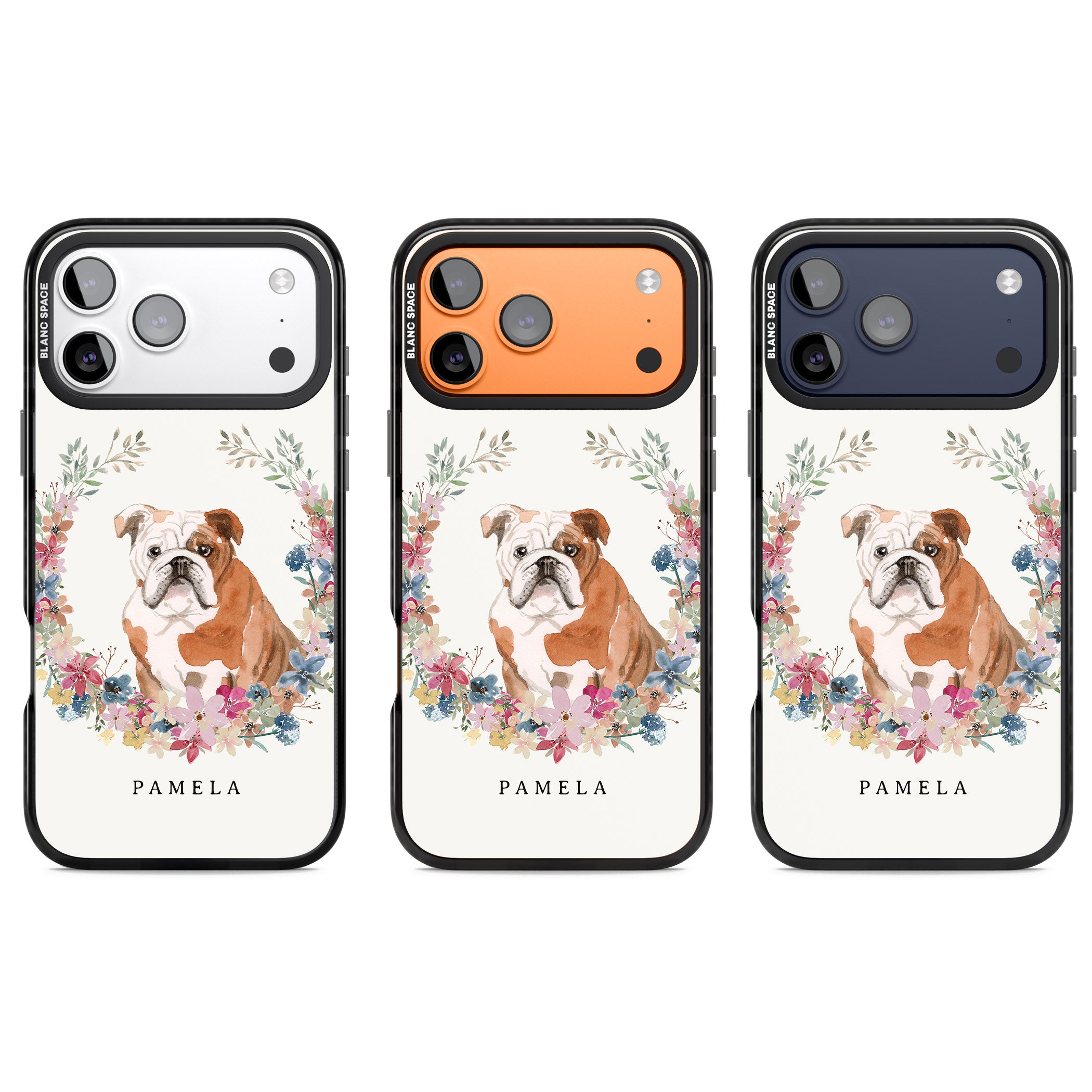 Personalised English Bulldog Floral Portrait iPhone 17 Pro Impact Pro Black Phone Case APT Impact Protection