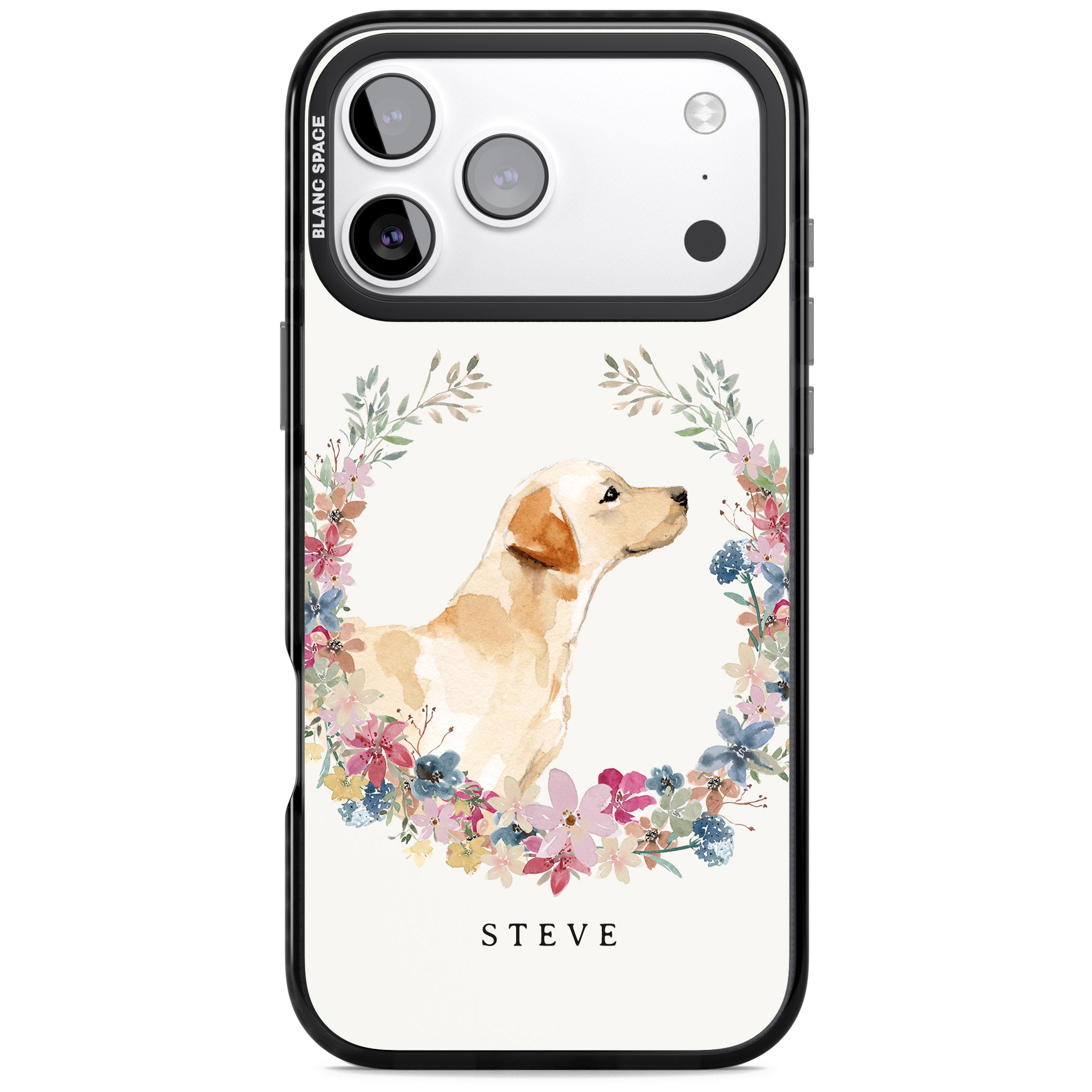 Personalised Yellow Labrador Floral Portrait iPhone 17 Pro Max Impact Pro Black Phone Case