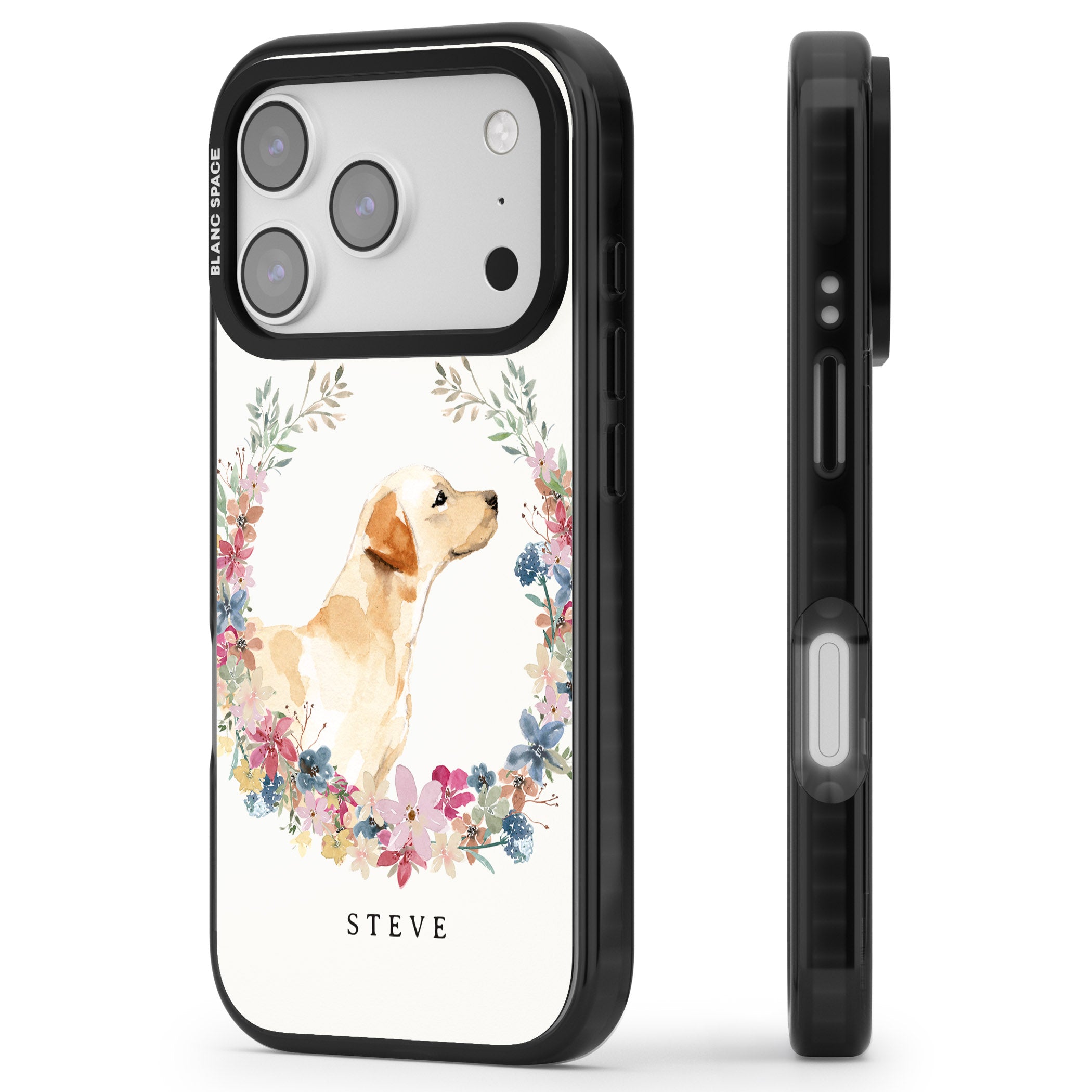 Personalised Yellow Labrador Floral Portrait iPhone 17 Pro Max Impact Pro Black Phone Case Side Profile