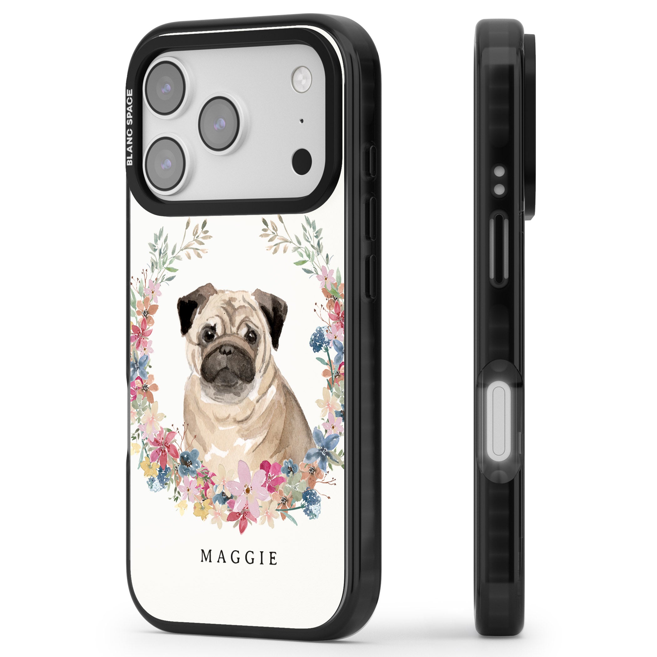 Personalised Pug Floral Portrait iPhone 17 Pro Max Impact Pro Black Phone Case Side Profile