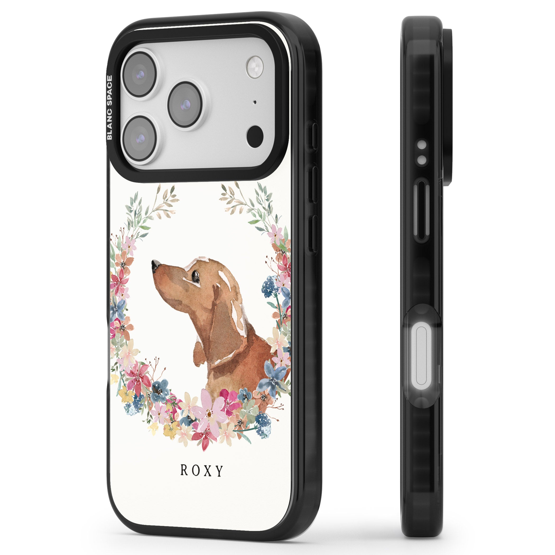 Personalised Tan Dachshund Floral Portrait iPhone 17 Pro Max Impact Pro Black Phone Case Side Profile