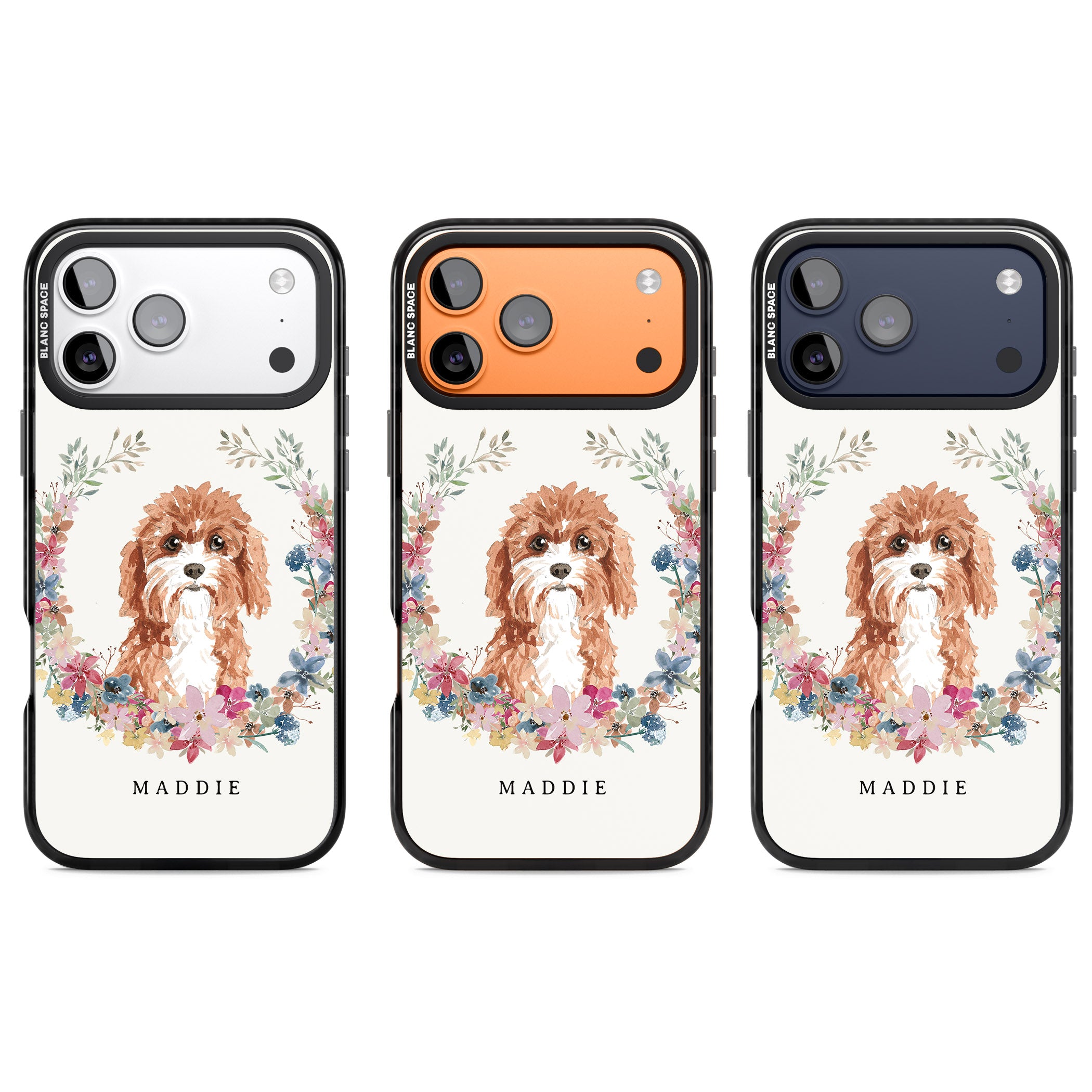 Personalised Cavapoo Floral Portrait iPhone 17 Pro Impact Pro Black Phone Case APT Impact Protection