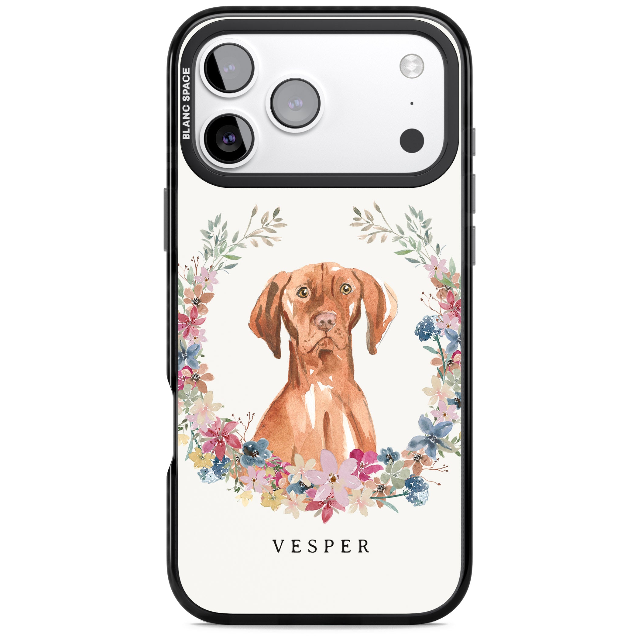 Personalised Hungarian Vizsla Floral Portrait iPhone 17 Pro Max Impact Pro Black Phone Case