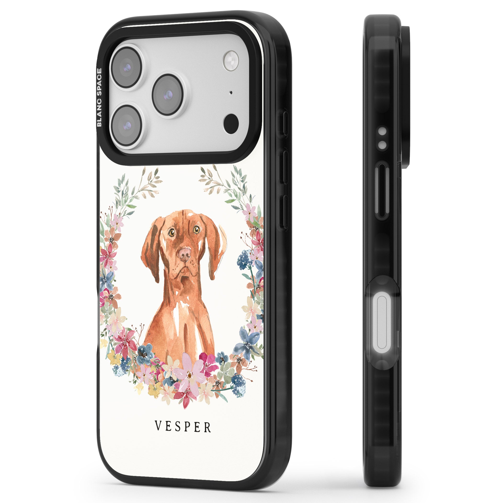 Personalised Hungarian Vizsla Floral Portrait iPhone 17 Pro Max Impact Pro Black Phone Case Side Profile