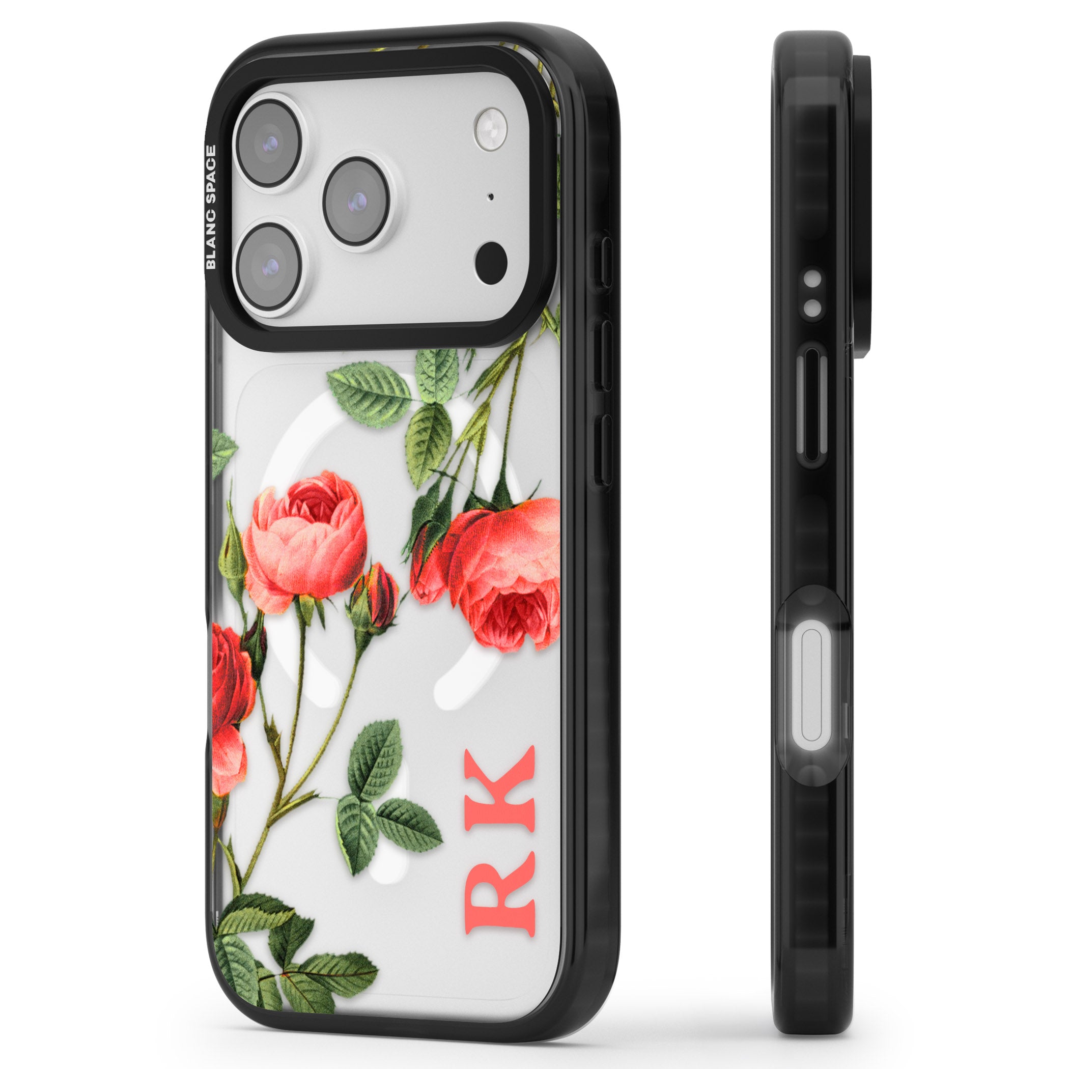 Personalised Vintage Floral Rose iPhone 17 Pro Impact Pro Black Phone Case Side Profile