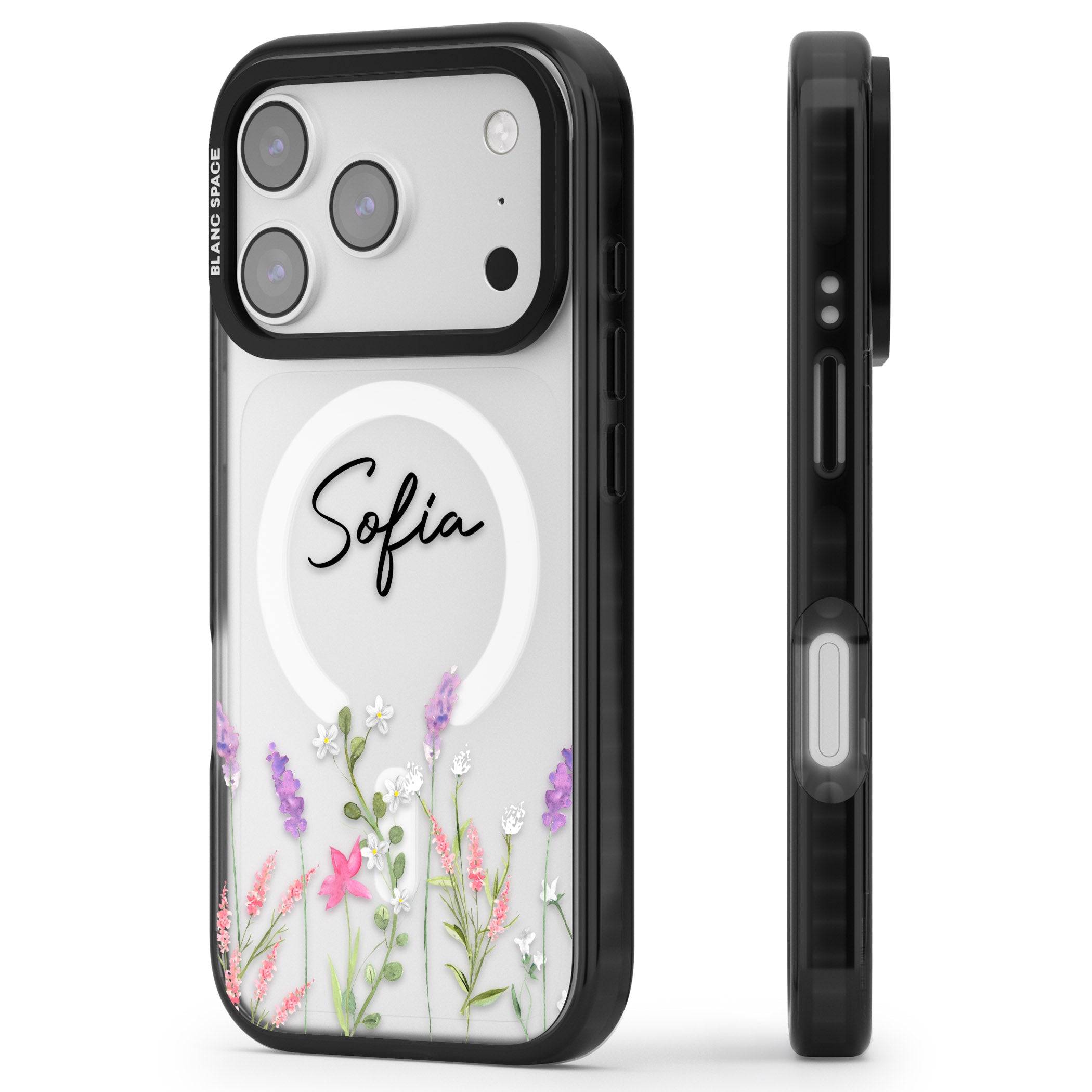 Personalised Lavender Wildflowers iPhone 17 Pro Impact Pro Black Phone Case Side Profile