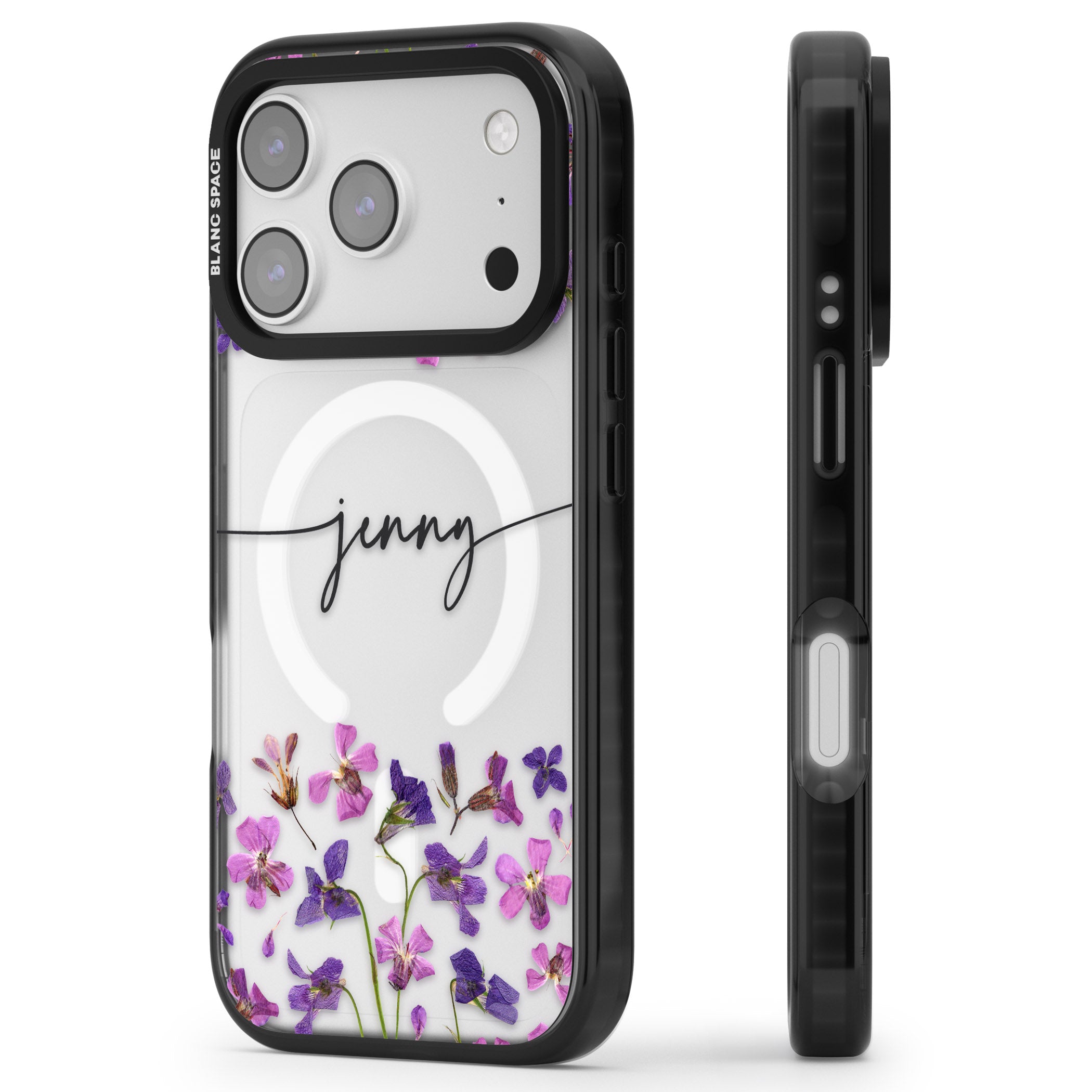 Personalised Purple Violets iPhone 17 Pro Max Impact Pro Black Phone Case Side Profile
