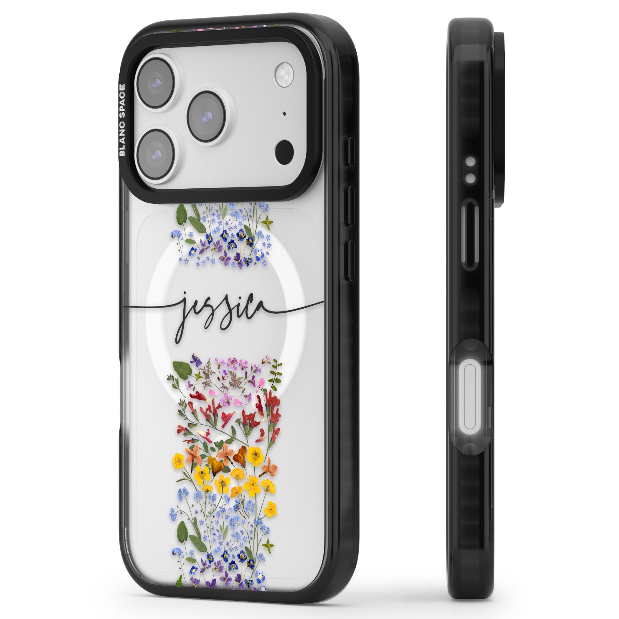 Personalised Wildflower Stripe iPhone 17 Pro Impact Pro Black Phone Case Side Profile