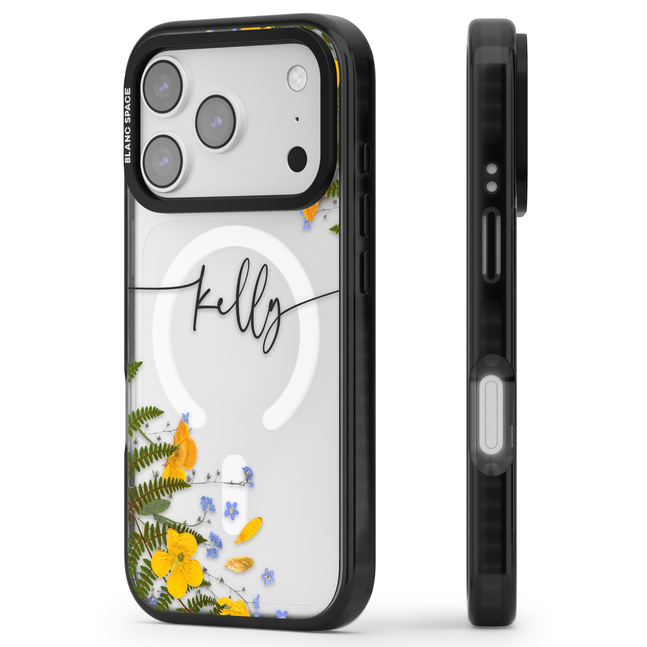Personalised Ferns & Wildflowers iPhone 17 Pro Impact Pro Black Phone Case Side Profile