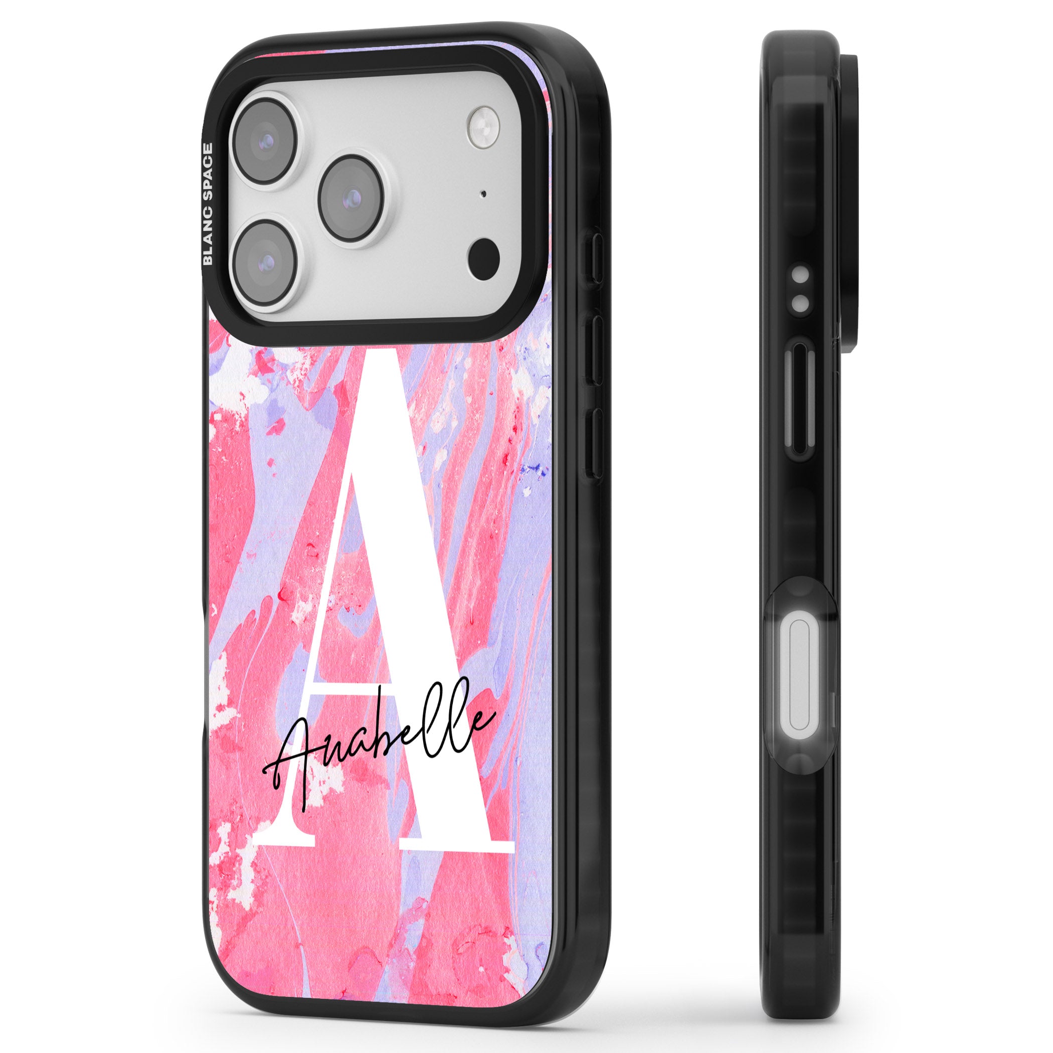 Personalised Pink & Purple Marble iPhone 17 Pro Max Impact Pro Black Phone Case Side Profile