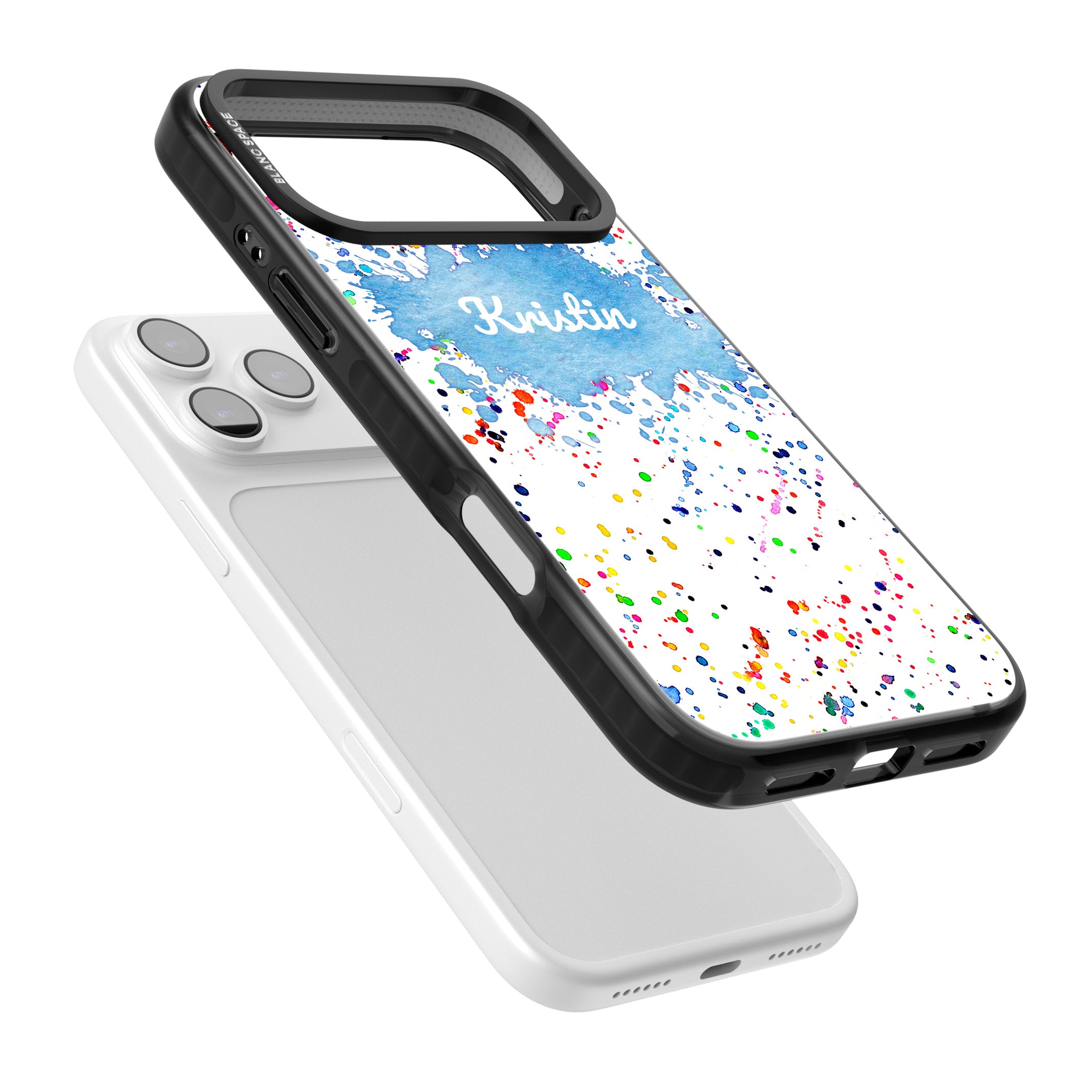 Personalised Rainbow Splatter Name iPhone 17 Pro Impact Pro Black Phone Case Colours