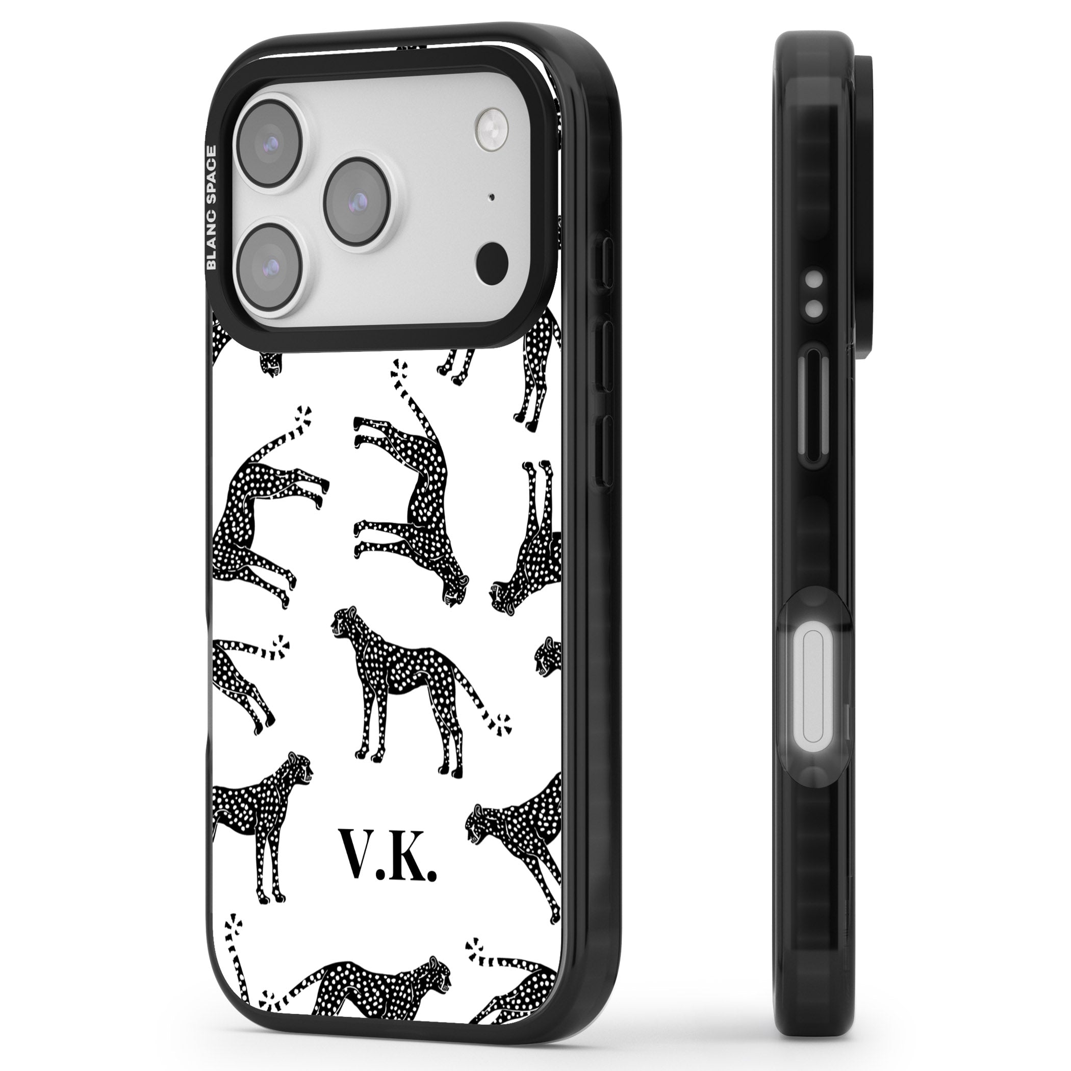 Personalised Black & White Cheetah Pattern iPhone 17 Pro Max Impact Pro Black Phone Case Side Profile