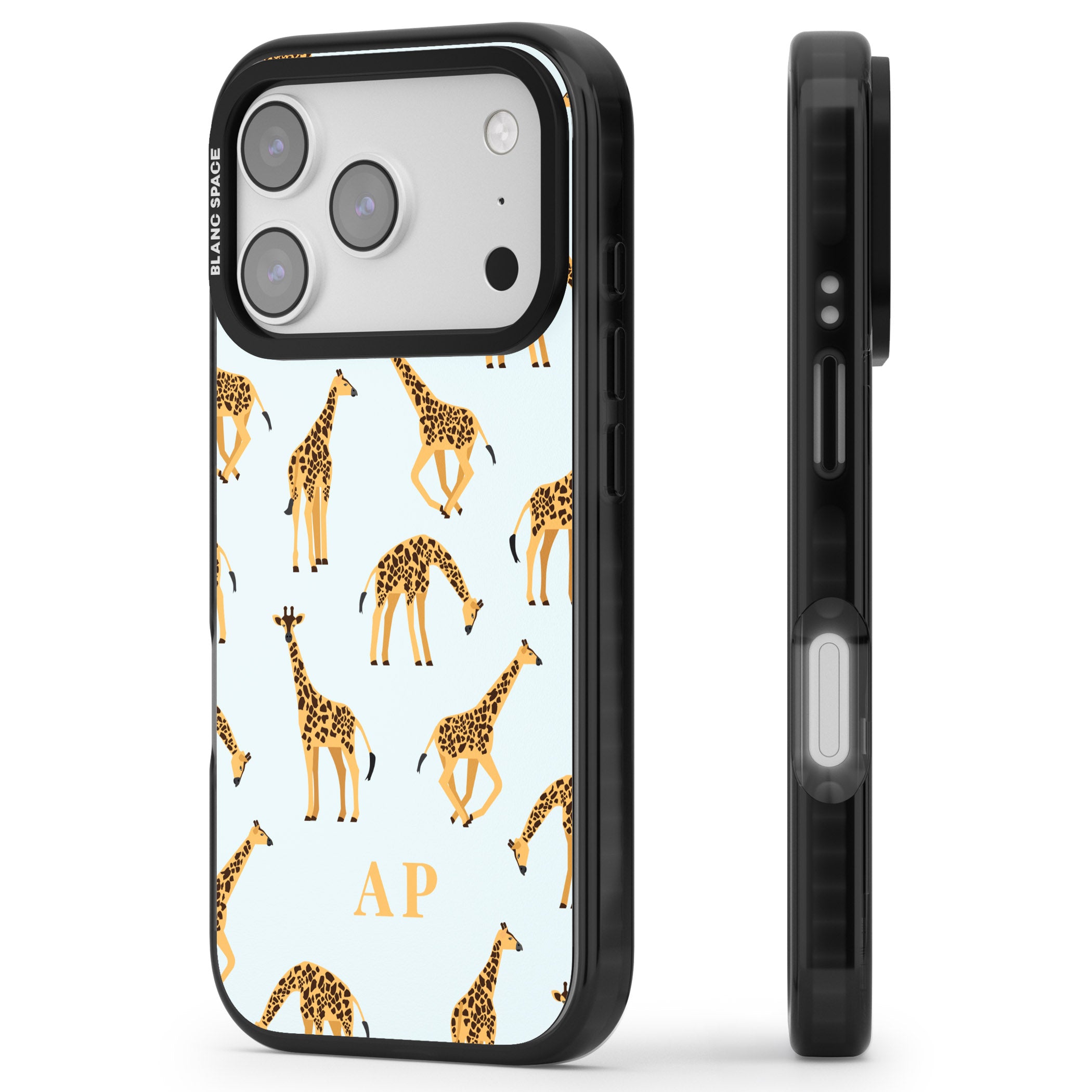 Personalised Safari Giraffe Pattern On Blue iPhone 17 Pro Impact Pro Black Phone Case Side Profile