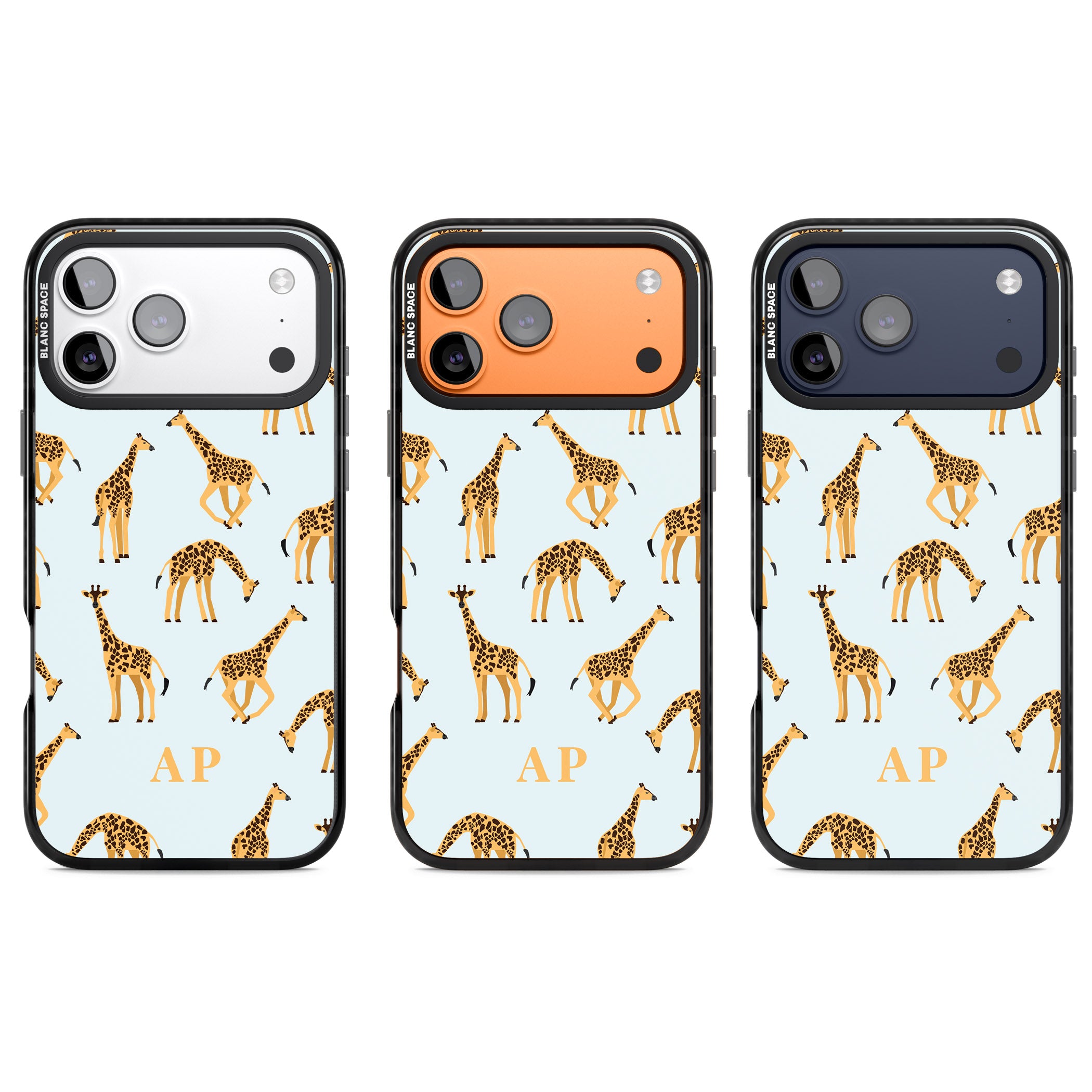 Personalised Safari Giraffe Pattern On Blue iPhone 17 Pro Impact Pro Black Phone Case APT Impact Protection