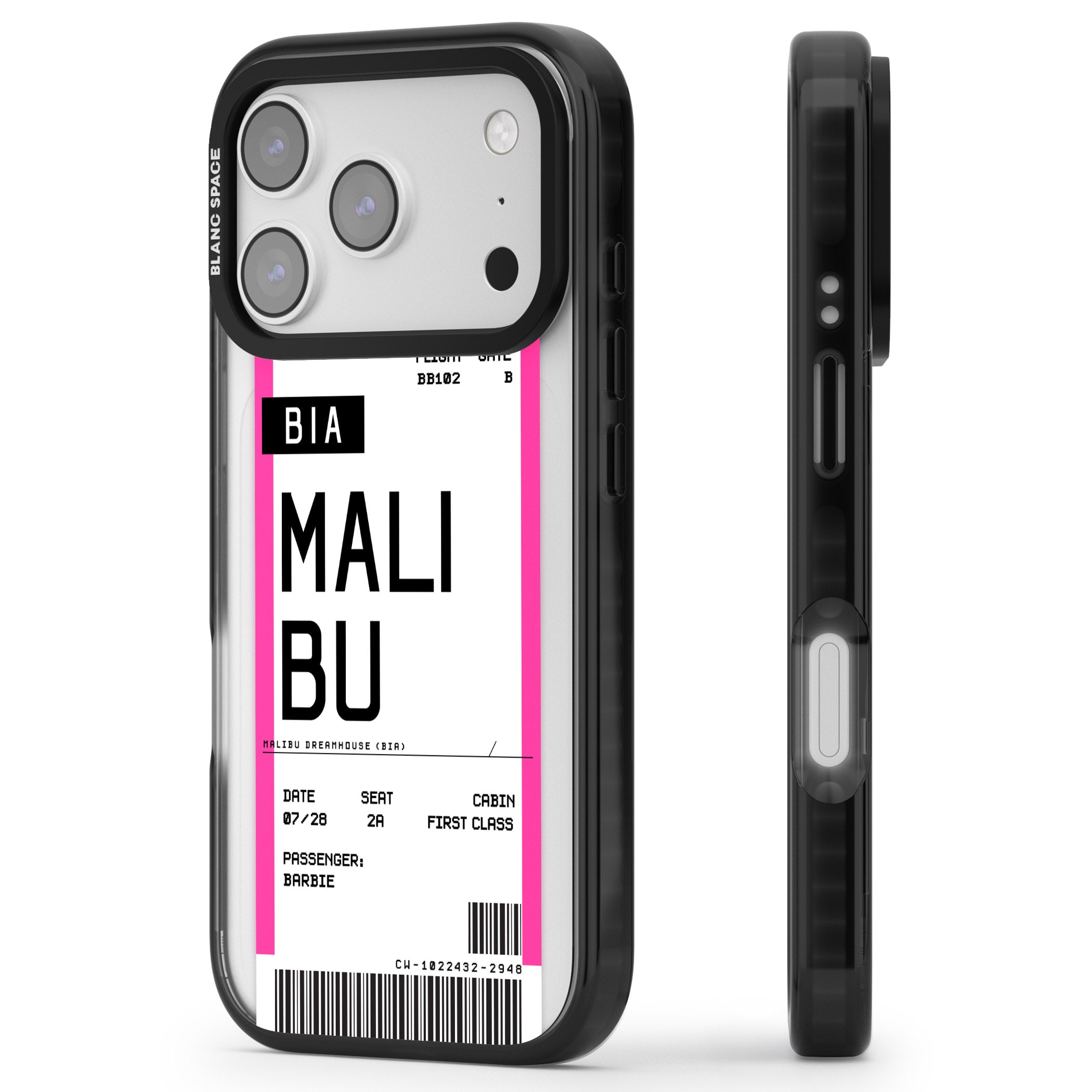 Personalised Pink Malibu Boarding Pass iPhone 17 Pro Max Impact Pro Black Phone Case Side Profile