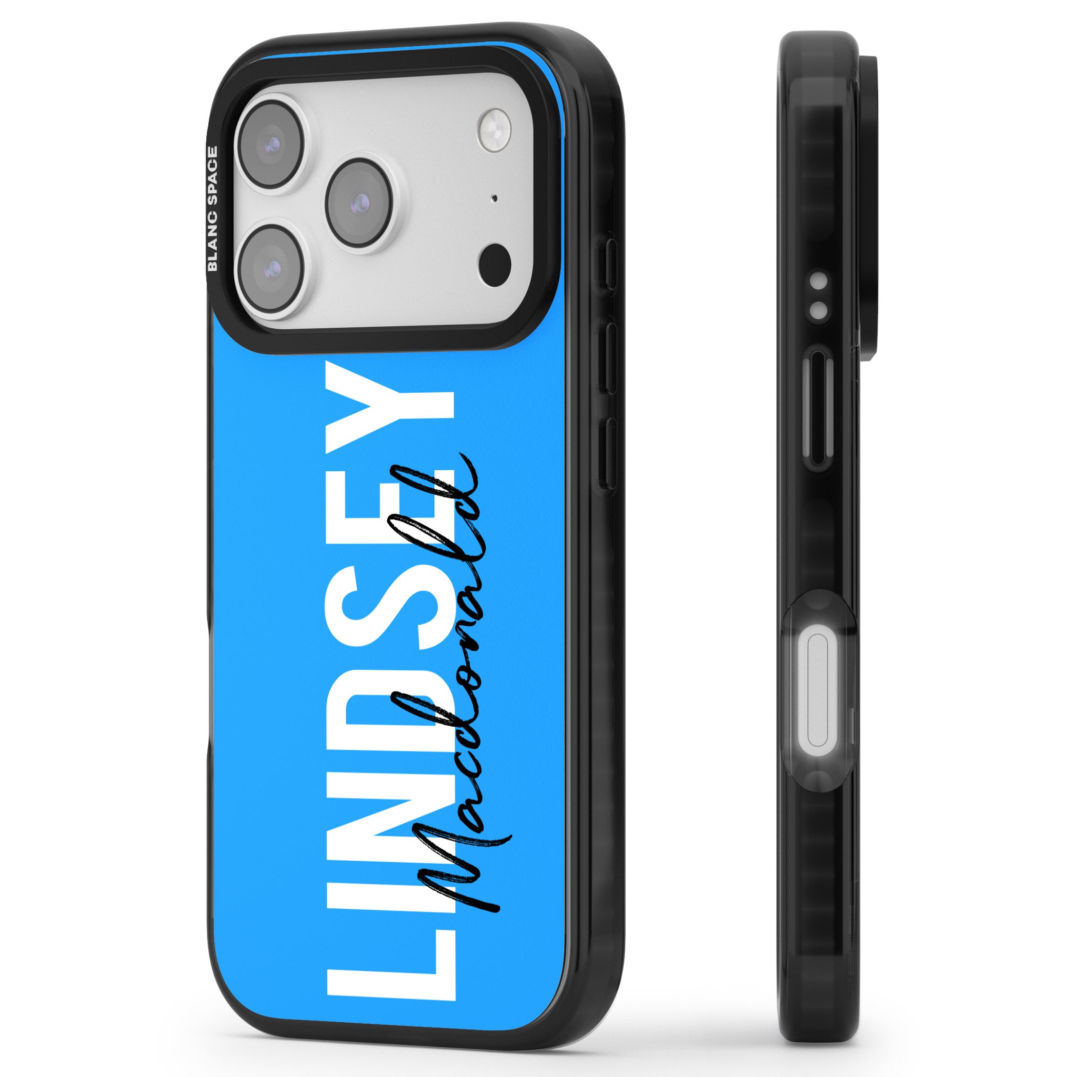 Personalised Bold Name: Blue iPhone 17 Pro Impact Pro Black Phone Case Side Profile