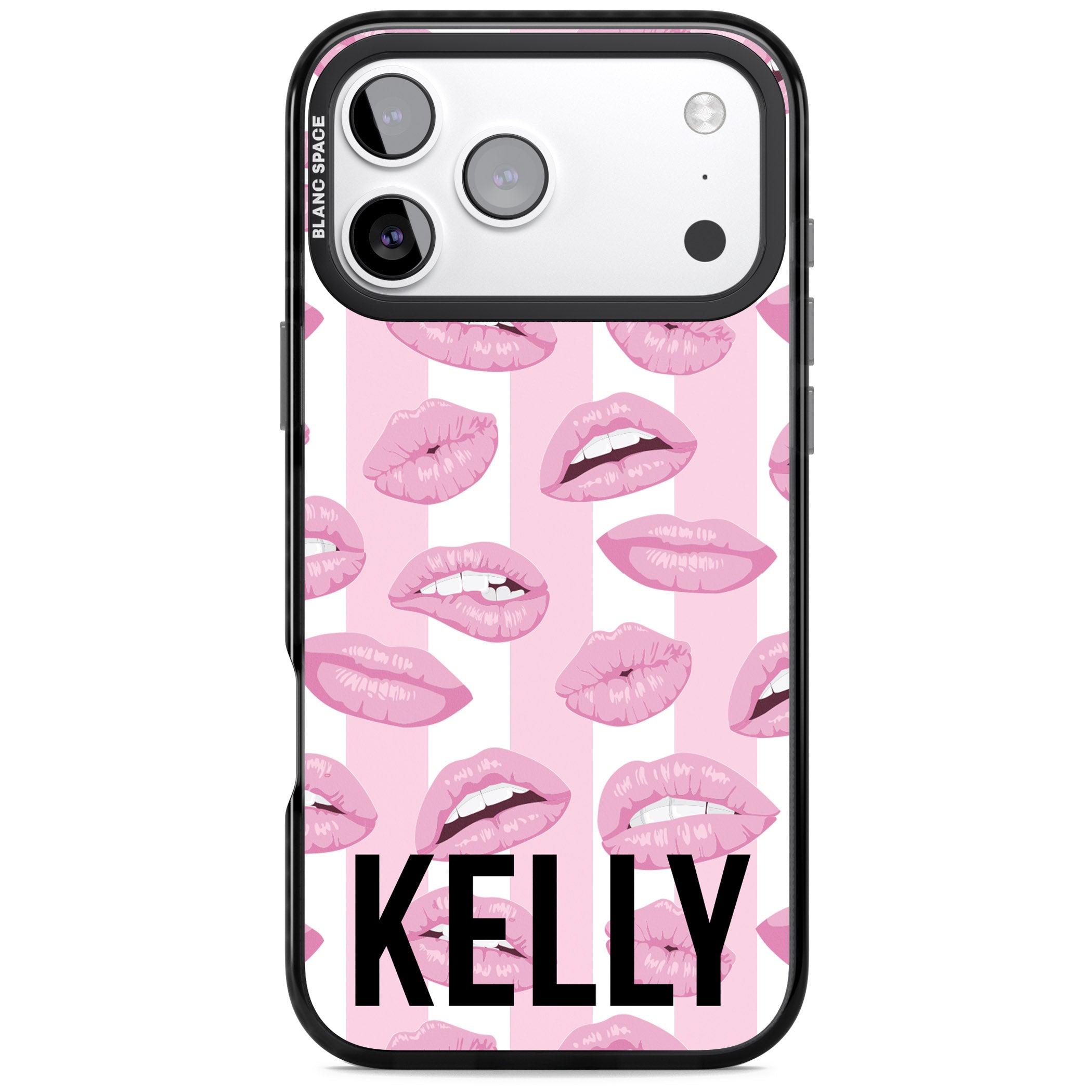 Personalised Pink Stripes & Lips iPhone 17 Pro Impact Pro Black Phone Case