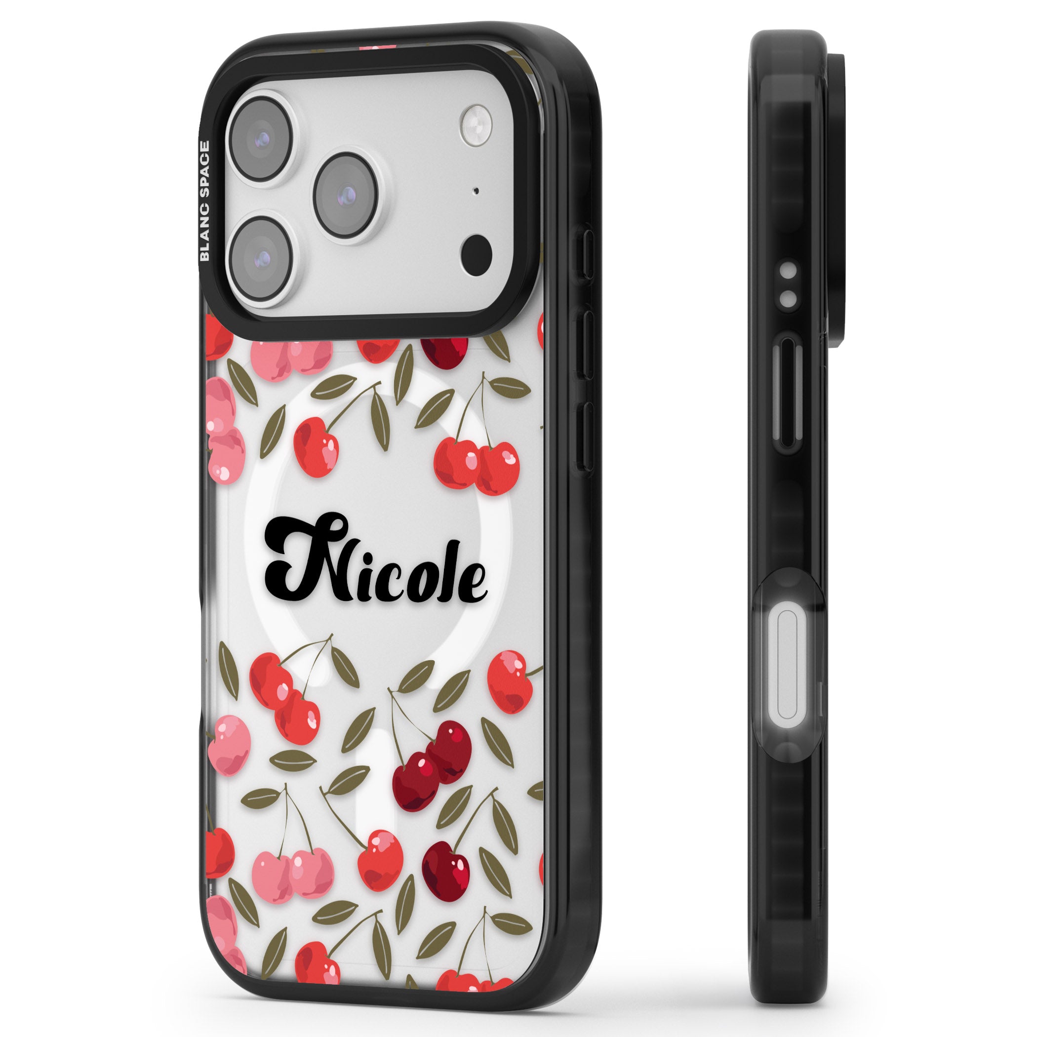 Personalised Cherry Pattern iPhone 17 Pro Impact Pro Black Phone Case Side Profile