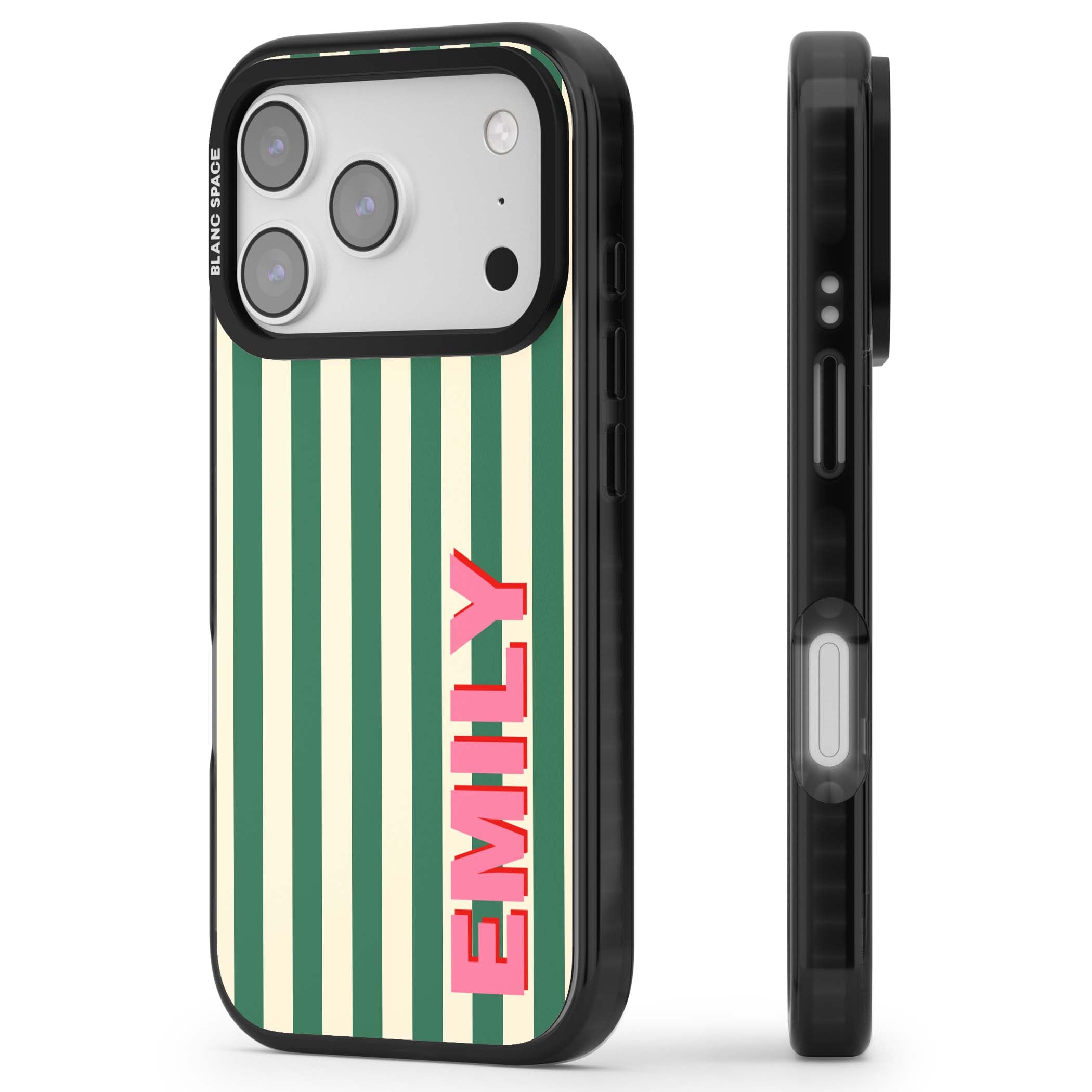 Wimbledon Stripe preppy iPhone case featuring green and cream vertical stripes with a personalised pink name | Black Impact Magsafe case for iPhone 17 Pro, iPhone 17 Pro Max