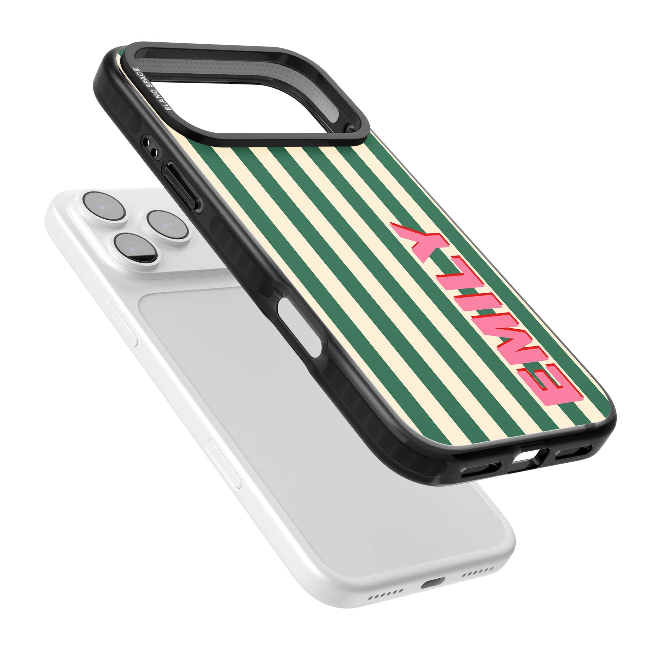 Wimbledon Stripe preppy iPhone case featuring green and cream vertical stripes with a personalised pink name | Black Impact Magsafe case for iPhone 17 Pro, iPhone 17 Pro Max