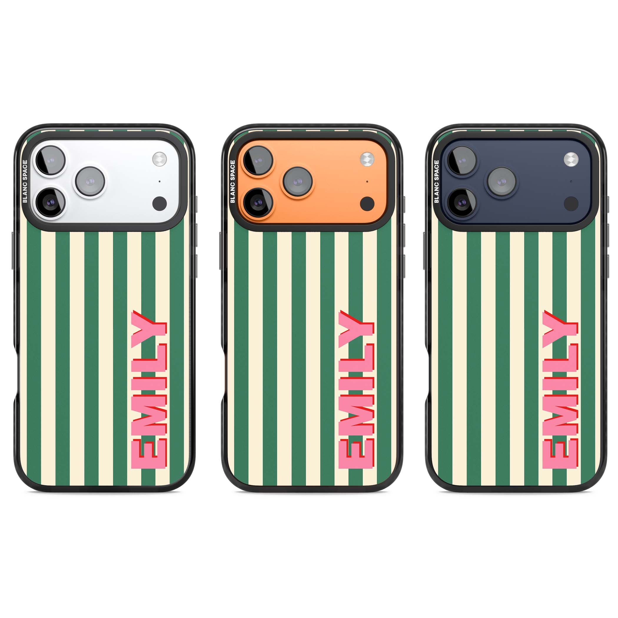 Wimbledon Stripe preppy iPhone case featuring green and cream vertical stripes with a personalised pink name | Black Impact Magsafe case for iPhone 17 Pro, iPhone 17 Pro Max