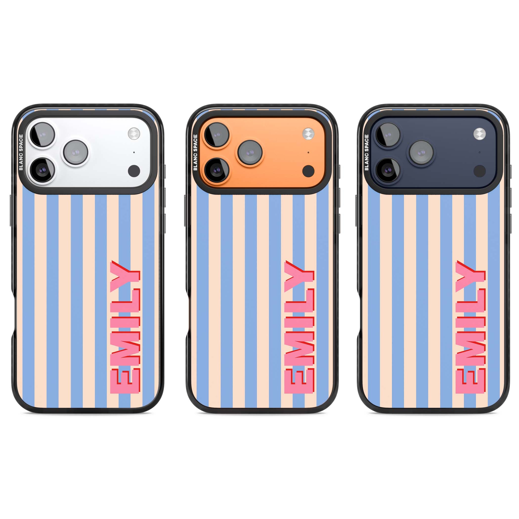 Coastal Stripe personalised coastal iPhone case with blue and peach vertical stripes and custom pink name | Black Impact Magsafe case for iPhone 17 Pro, iPhone 17 Pro Max