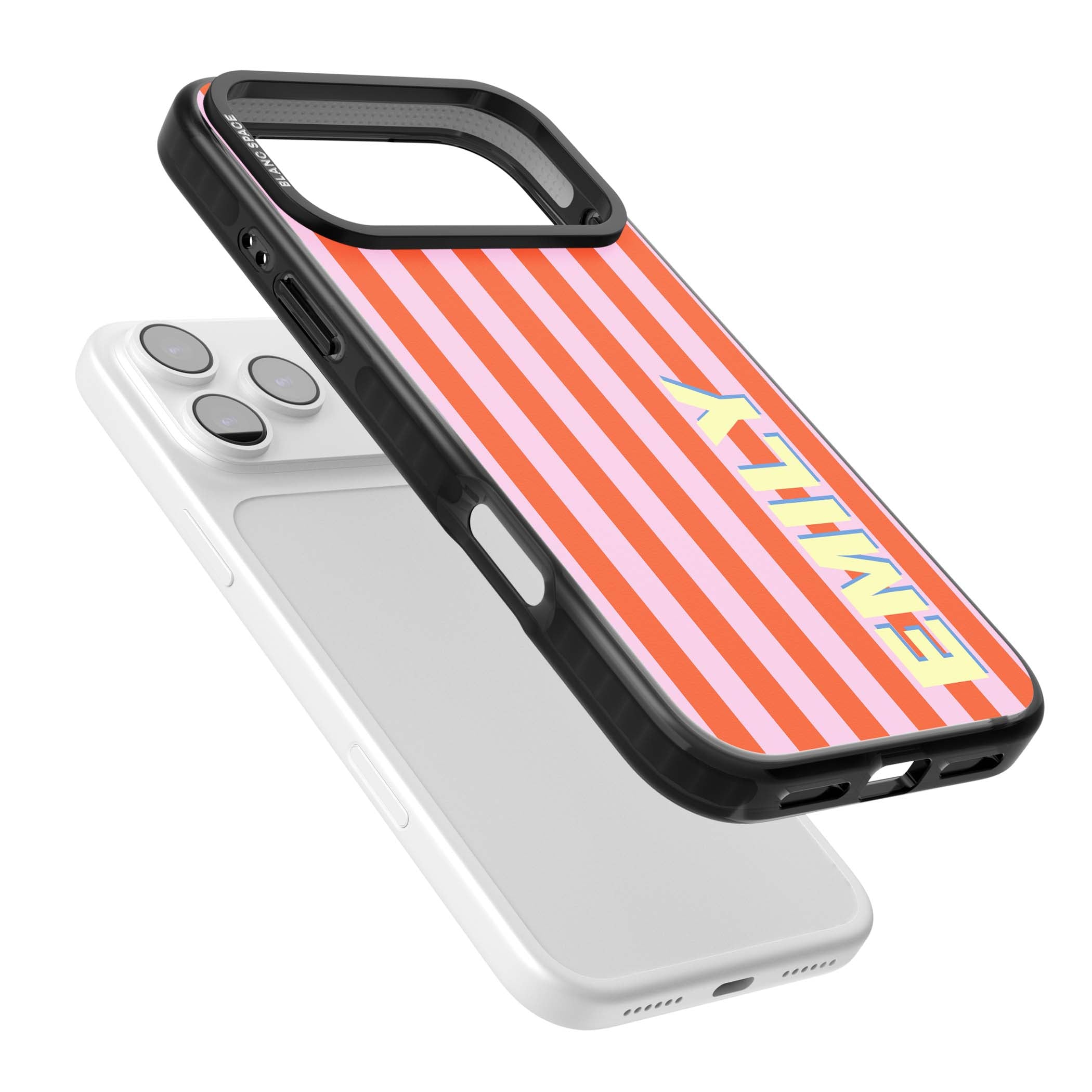 Havana Stripe personalised iPhone case featuring pink and orange vertical stripes with a custom yellow name | Black Impact Magsafe case for iPhone 17 Pro, iPhone 17 Pro Max
