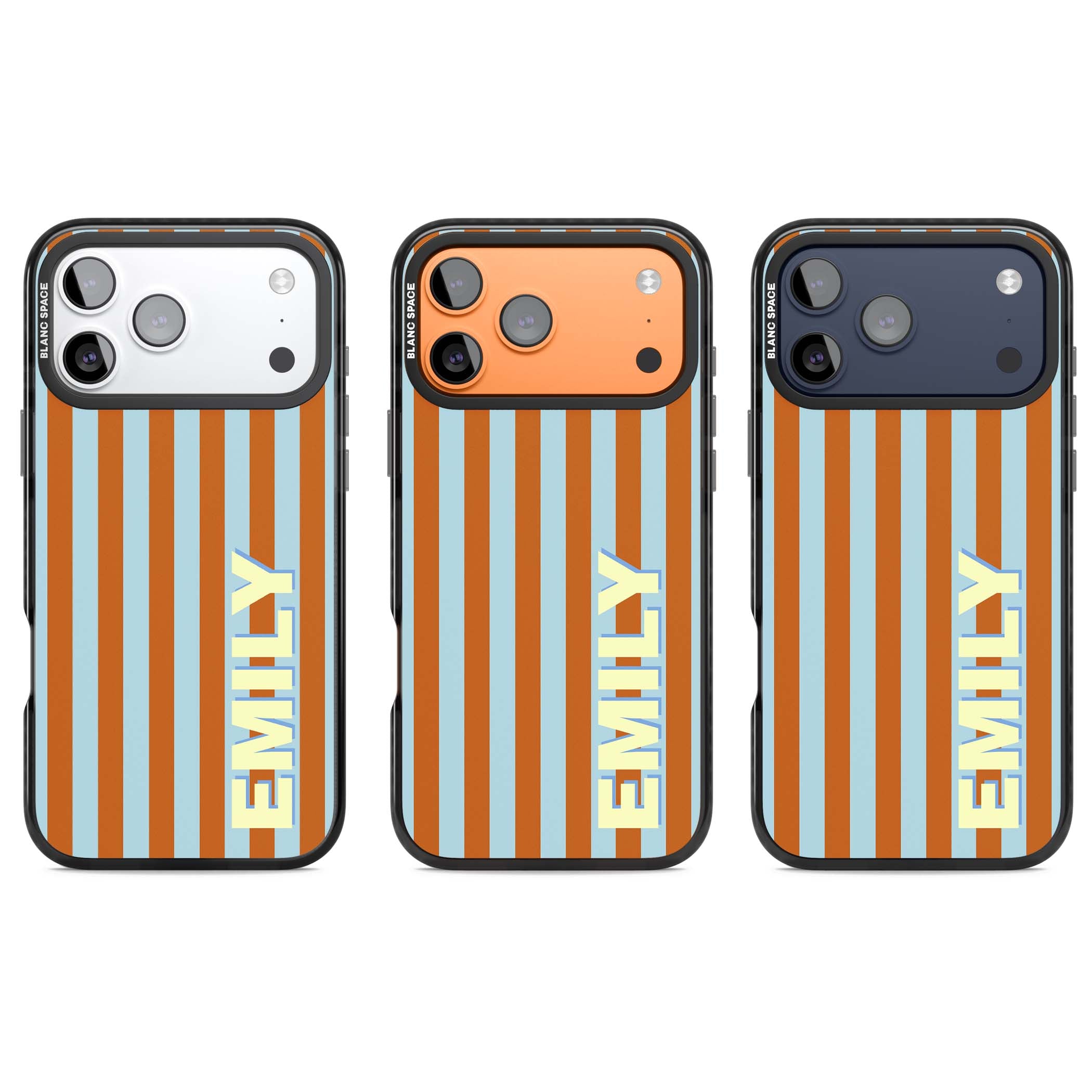 Cappadocia Stripe personalised coastal iPhone case featuring blue and orange vertical stripes with custom cream name | Black Impact Magsafe case for iPhone 17 Pro, iPhone 17 Pro Max