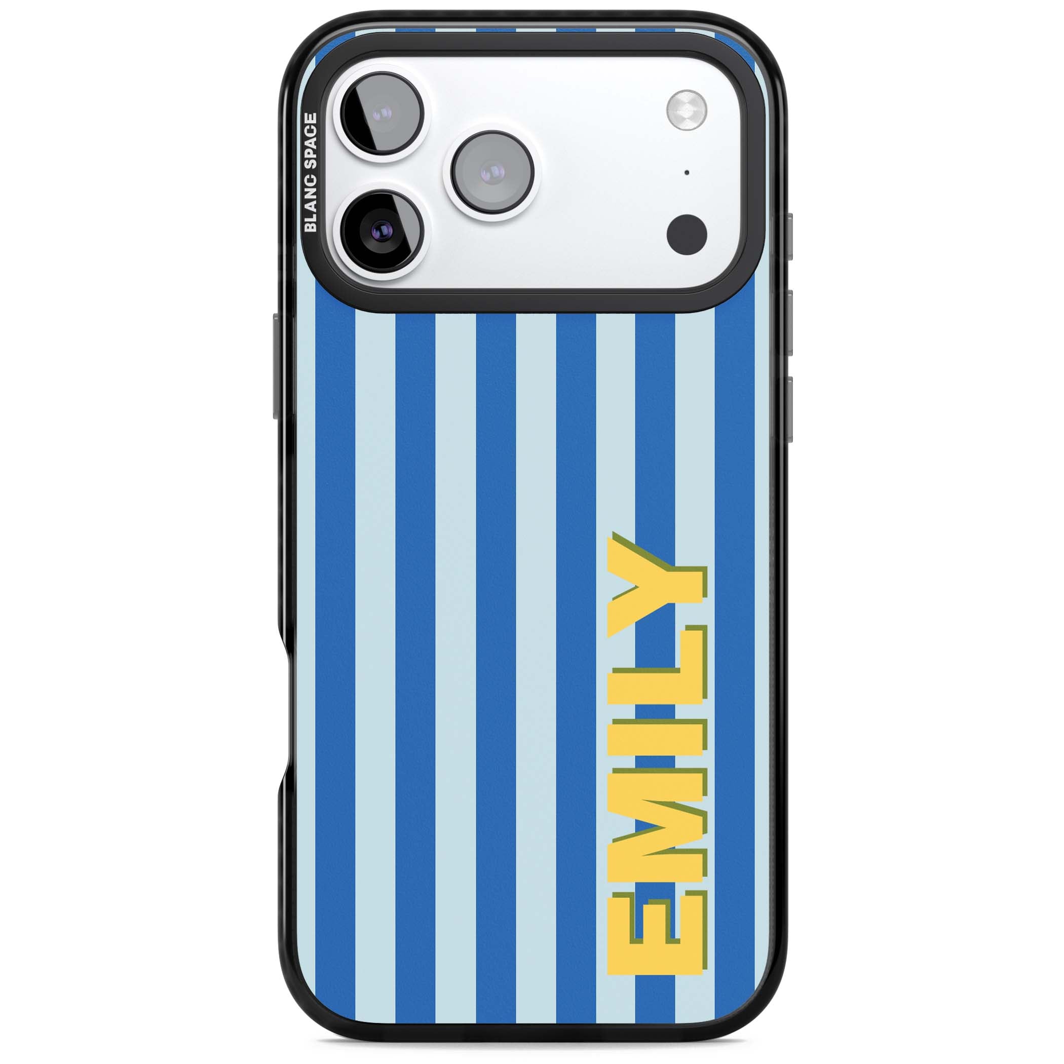Athenian Stripe personalised preppy iPhone case featuring blue vertical stripes and a custom yellow name | Black Impact Magsafe case for iPhone 17 Pro, iPhone 17 Pro Max