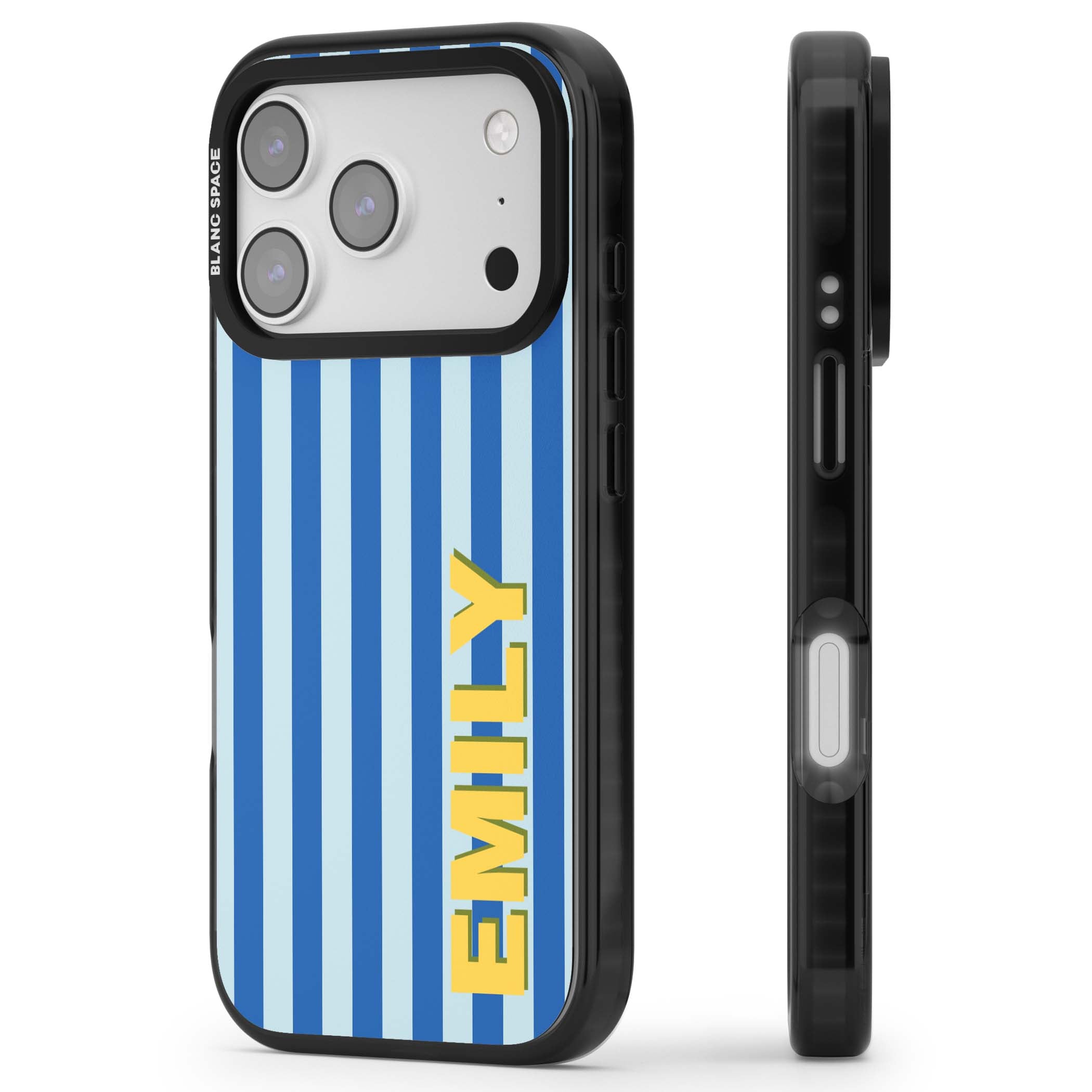 Athenian Stripe personalised preppy iPhone case featuring blue vertical stripes and a custom yellow name | Black Impact Magsafe case for iPhone 17 Pro, iPhone 17 Pro Max