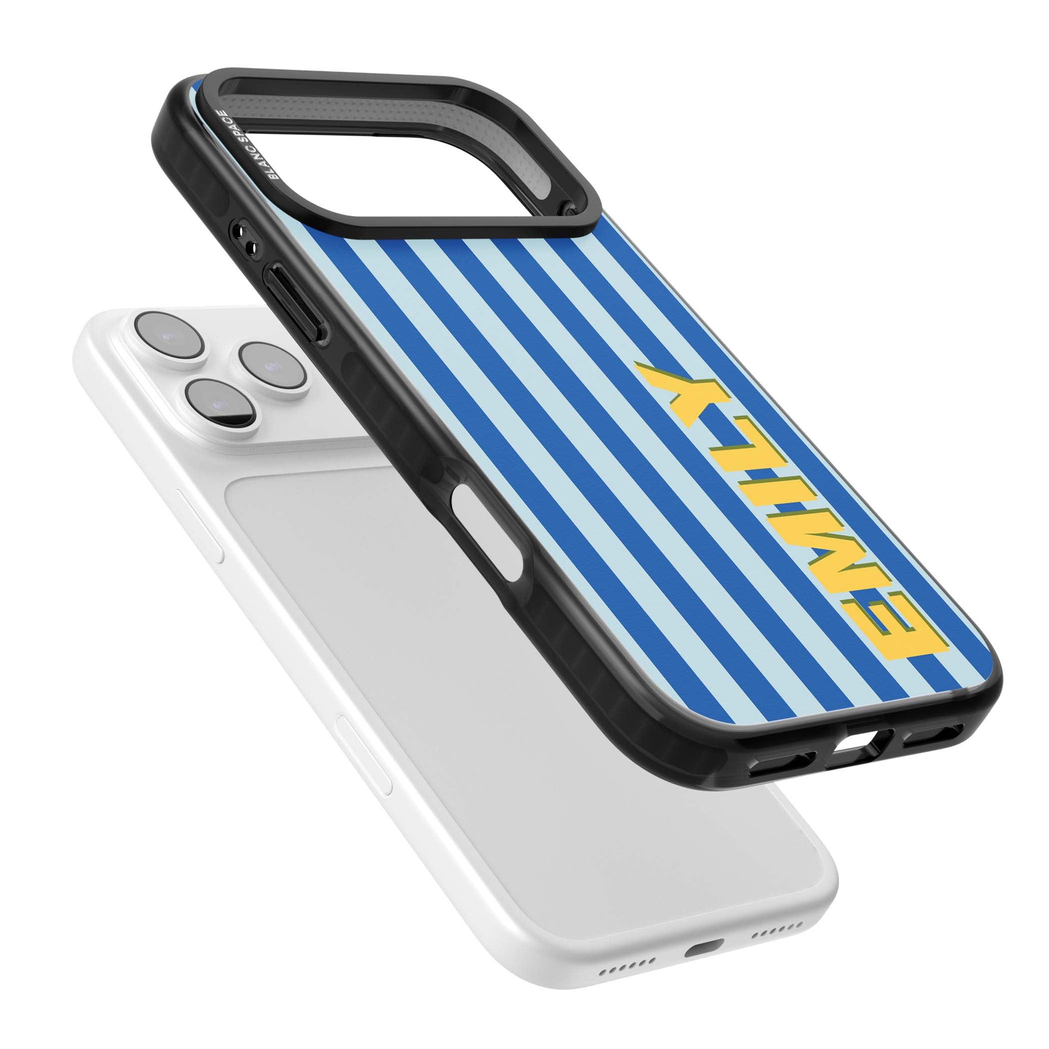 Athenian Stripe personalised preppy iPhone case featuring blue vertical stripes and a custom yellow name | Black Impact Magsafe case for iPhone 17 Pro, iPhone 17 Pro Max