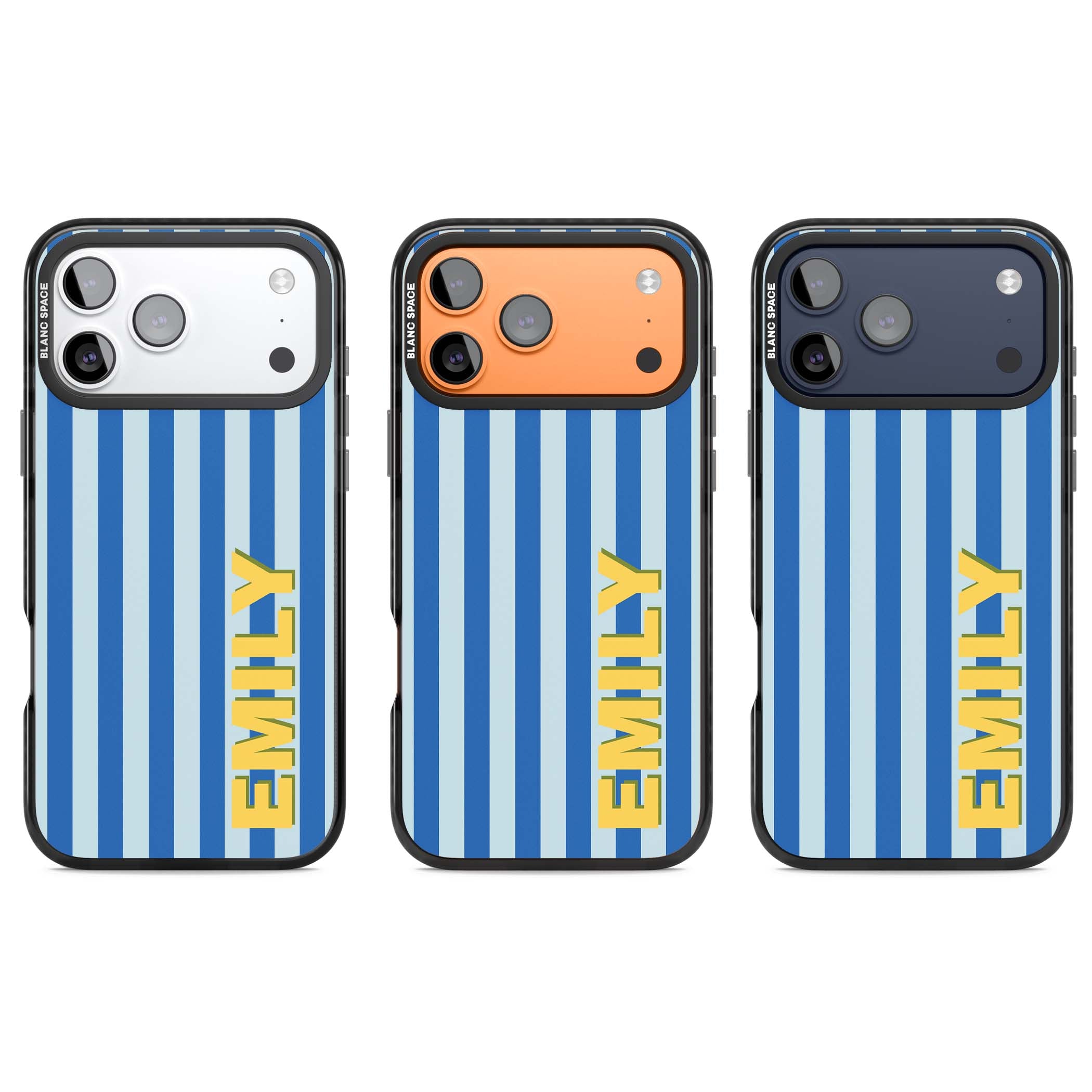 Athenian Stripe personalised preppy iPhone case featuring blue vertical stripes and a custom yellow name | Black Impact Magsafe case for iPhone 17 Pro, iPhone 17 Pro Max