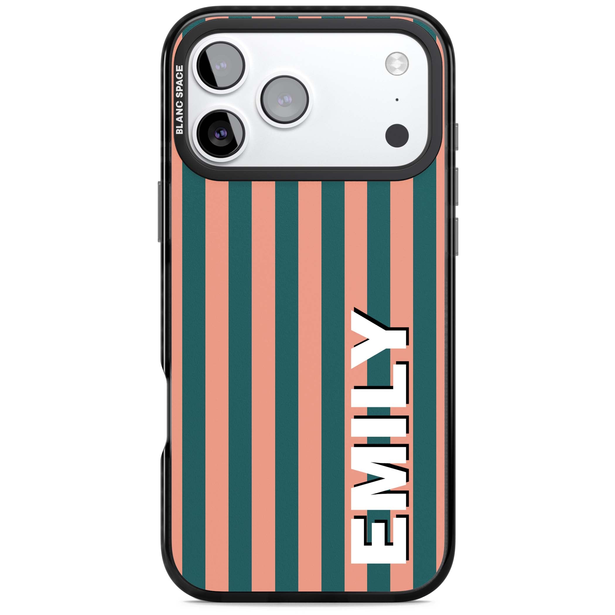 Tuscan Stripe personalised iPhone case featuring coral and green vertical stripes with bold custom name | Black Impact Magsafe case for iPhone 17 Pro, iPhone 17 Pro Max