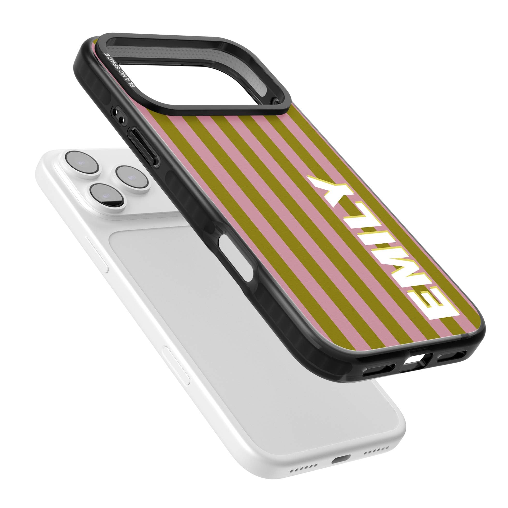 Istanbul Stripe personalised iPhone case featuring pink and olive green vertical stripes with a custom vertical name | Black Impact Magsafe case for iPhone 17 Pro, iPhone 17 Pro Max