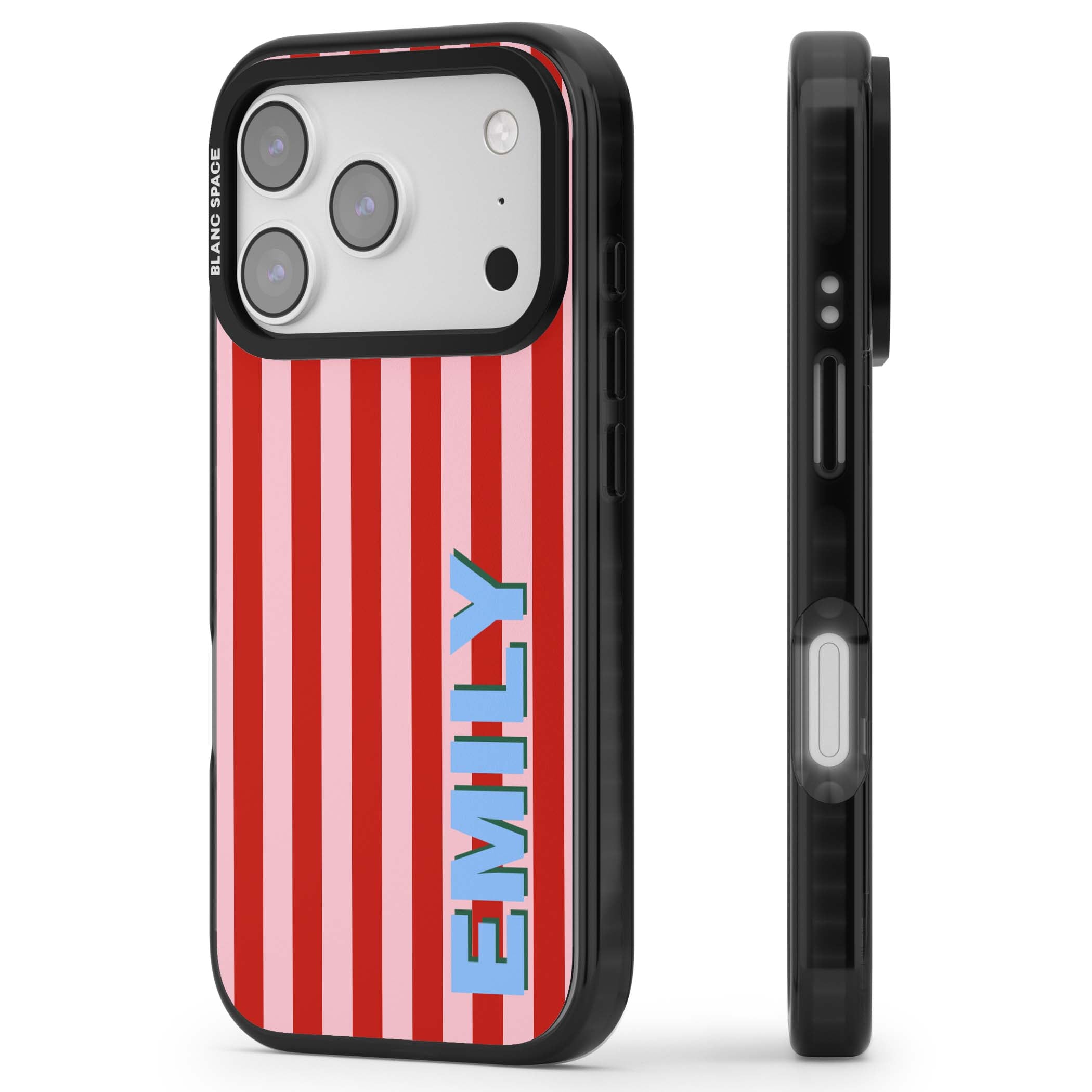 Market Stripe personalised iPhone case with red and pink vertical stripes and custom blue name | Black Impact Magsafe case for iPhone 17 Pro, iPhone 17 Pro Max