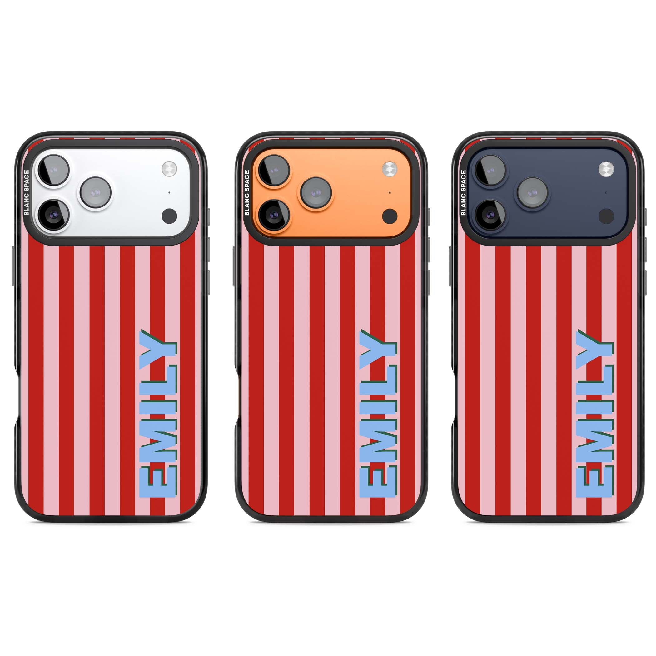 Market Stripe personalised iPhone case with red and pink vertical stripes and custom blue name | Black Impact Magsafe case for iPhone 17 Pro, iPhone 17 Pro Max