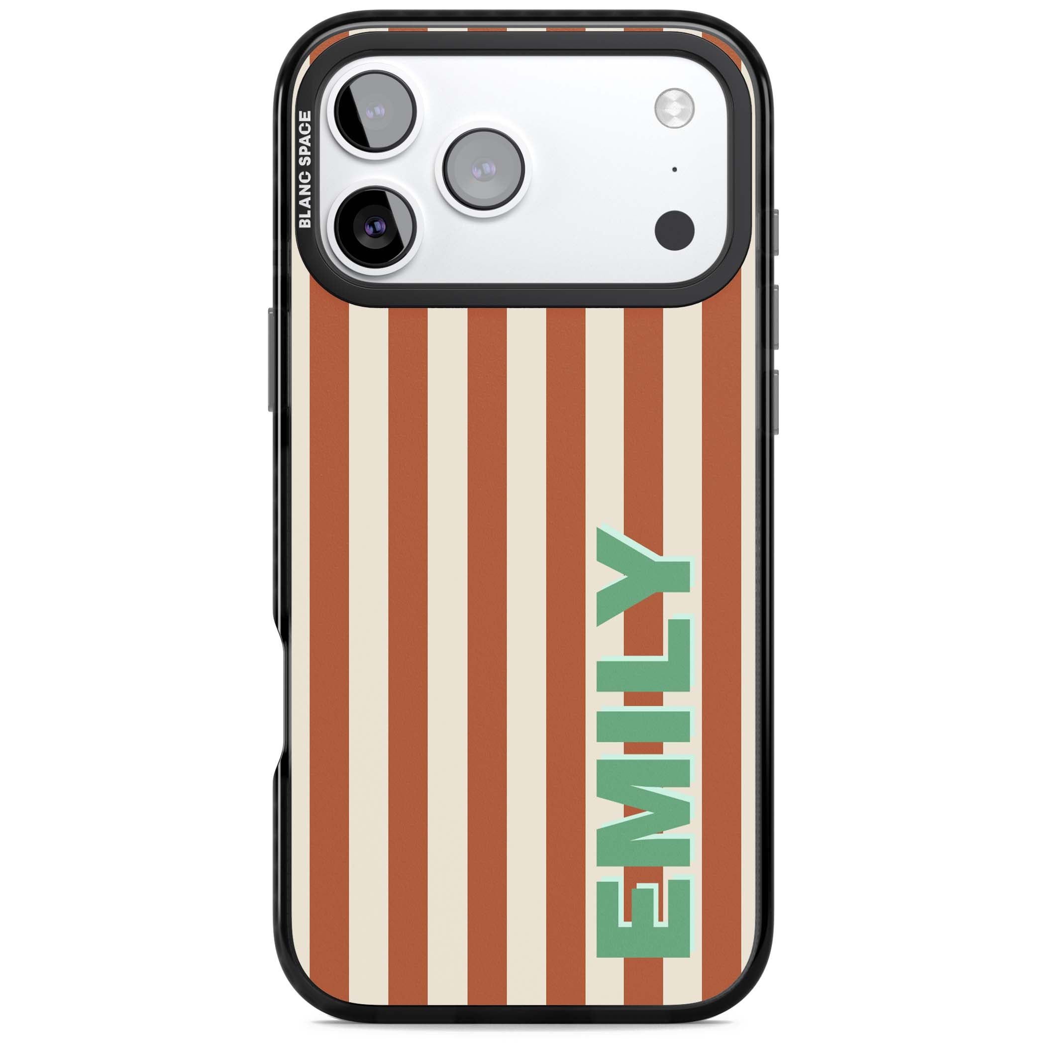 Dune Stripe personalised iPhone case with rust and cream vertical stripes and custom name in mint green | Black Impact Magsafe case for iPhone 17 Pro, iPhone 17 Pro Max