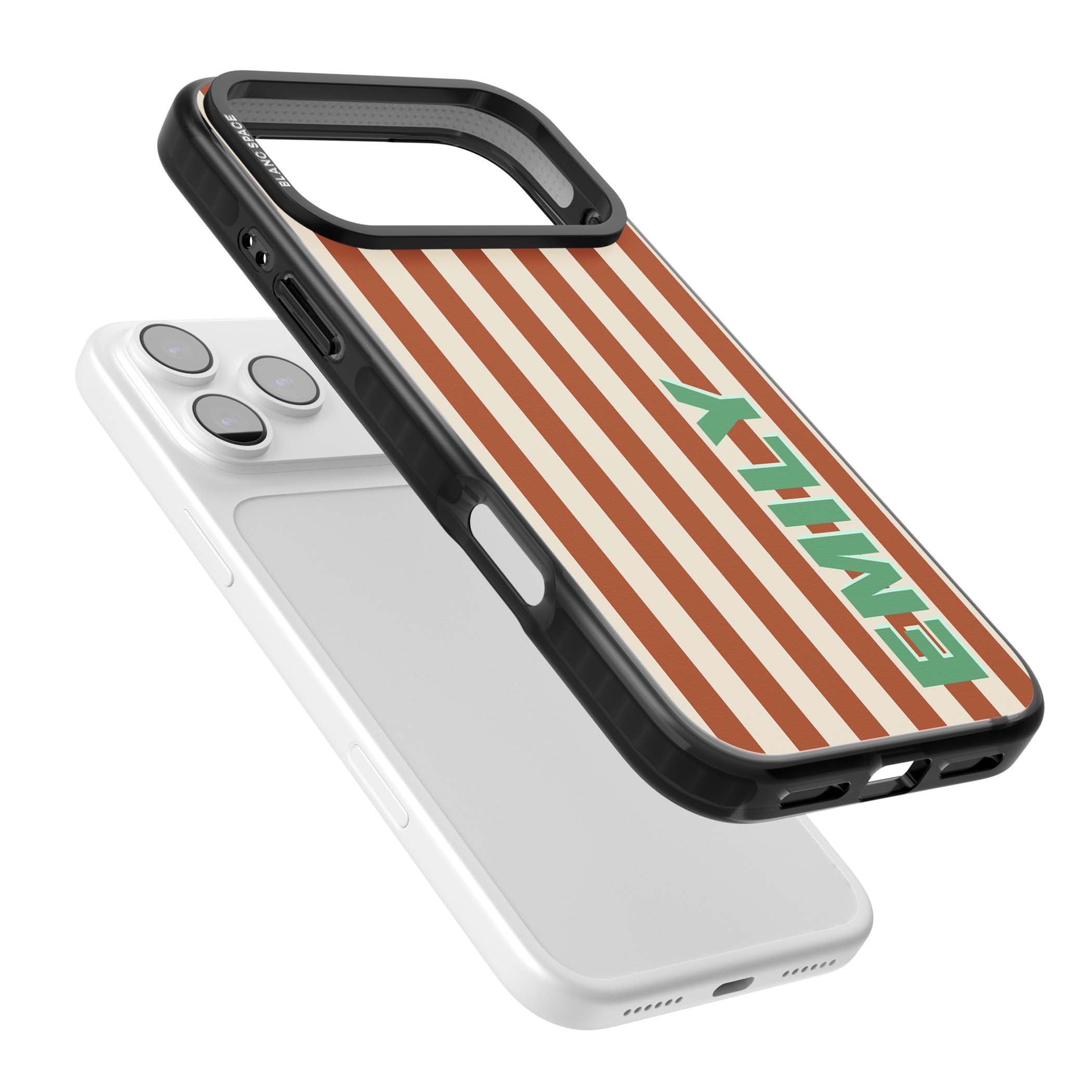 Dune Stripe personalised iPhone case with rust and cream vertical stripes and custom name in mint green | Black Impact Magsafe case for iPhone 17 Pro, iPhone 17 Pro Max