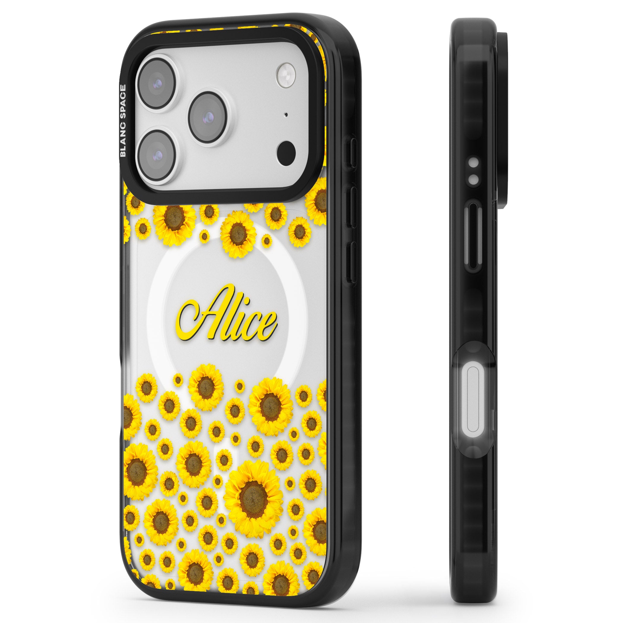 Personalised Sunflowers iPhone 17 Pro Impact Pro Black Phone Case Side Profile