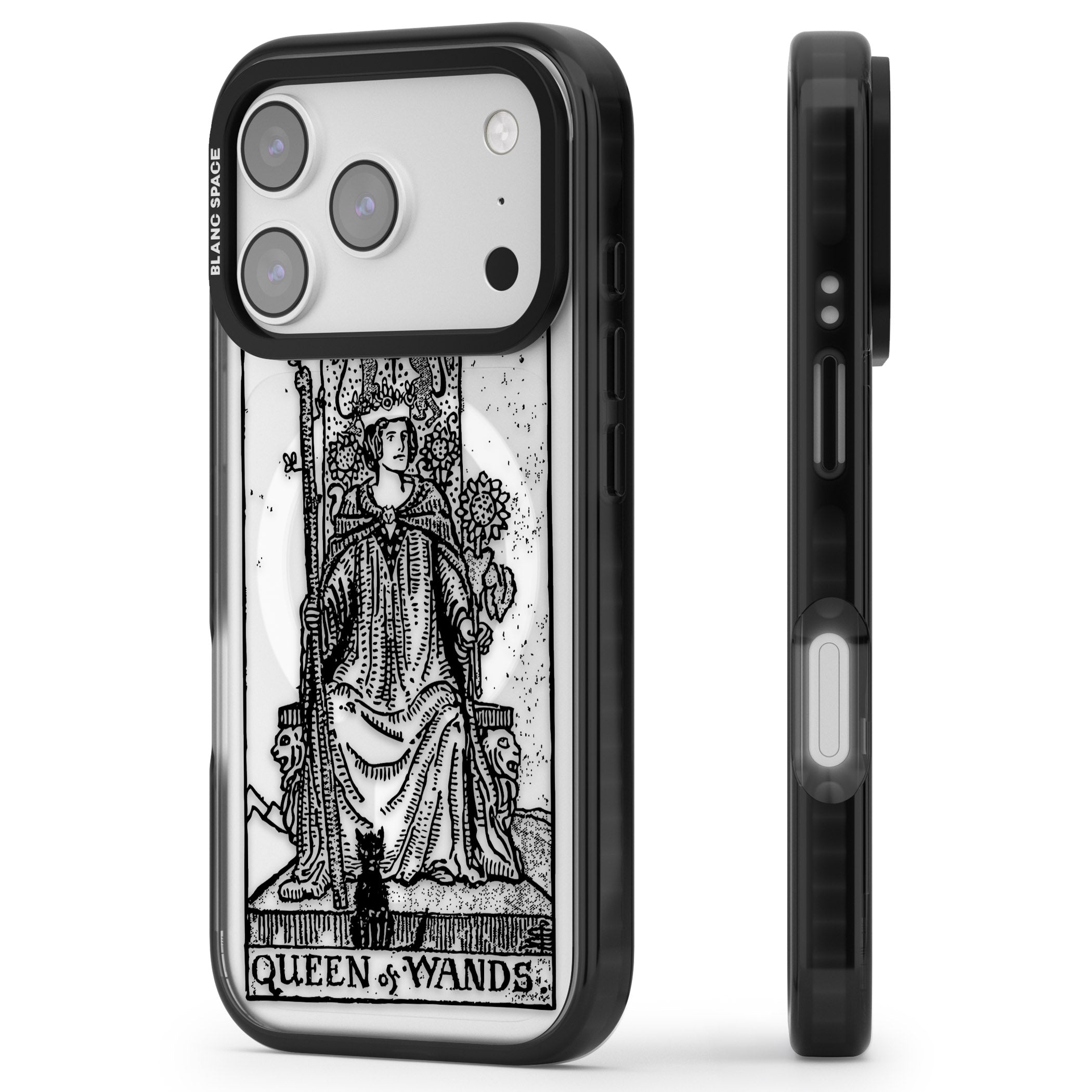 Personalised Queen Of Wands Tarot Card (Clear) iPhone 17 Pro Impact Pro Black Phone Case Side Profile