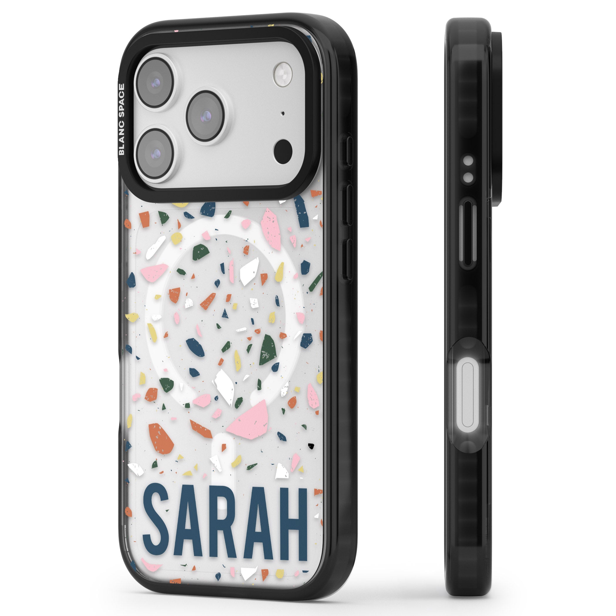 Personalised Terrazzo iPhone 17 Pro Impact Pro Black Phone Case Side Profile