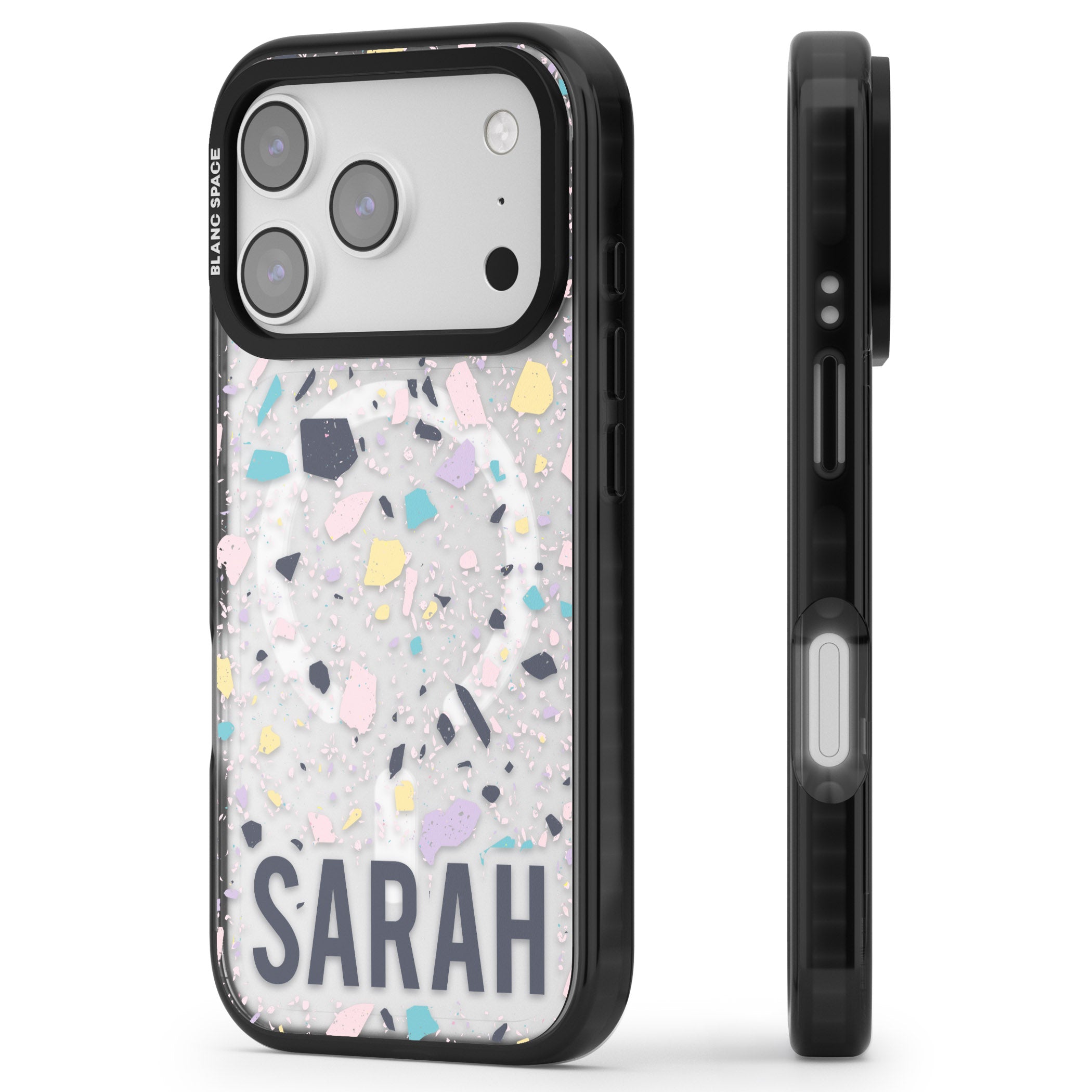 Personalised Pastel Terrazzo iPhone 17 Pro Impact Pro Black Phone Case Side Profile