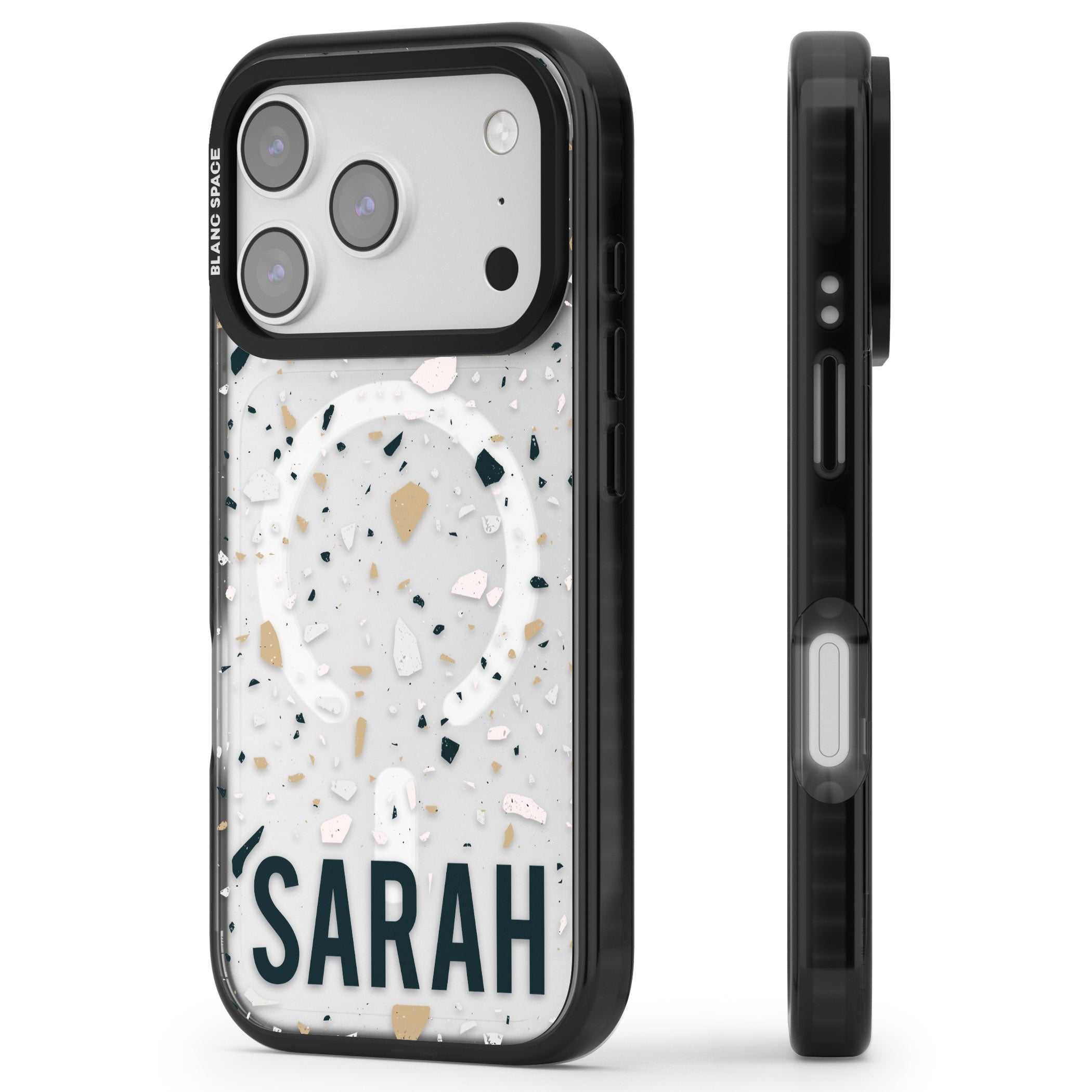 Personalised Terrazzo Blue, Pink, Brown iPhone 17 Pro Max Impact Pro Black Phone Case Side Profile