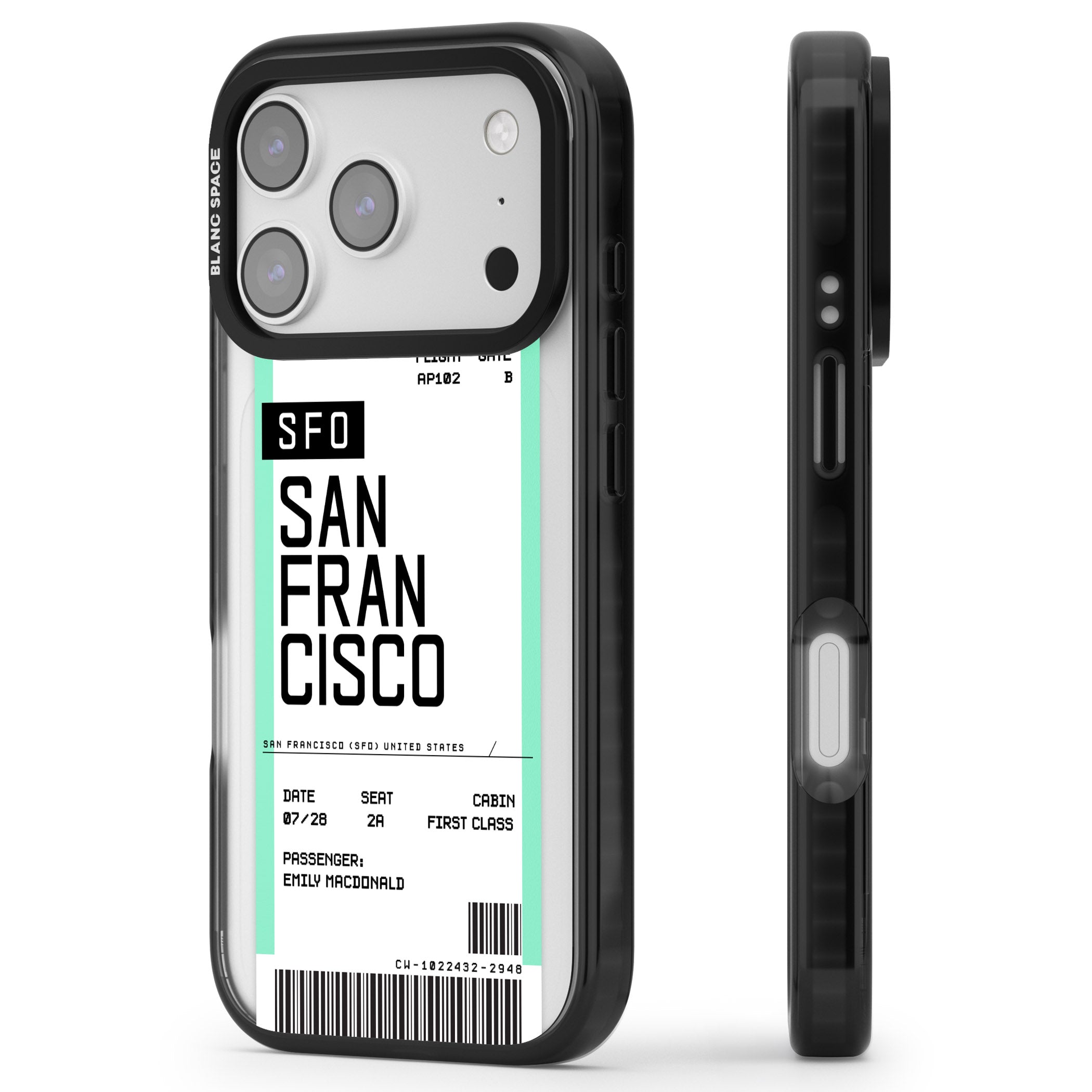 Personalised San Francisco Boarding Pass iPhone 17 Pro Impact Pro Black Phone Case Side Profile