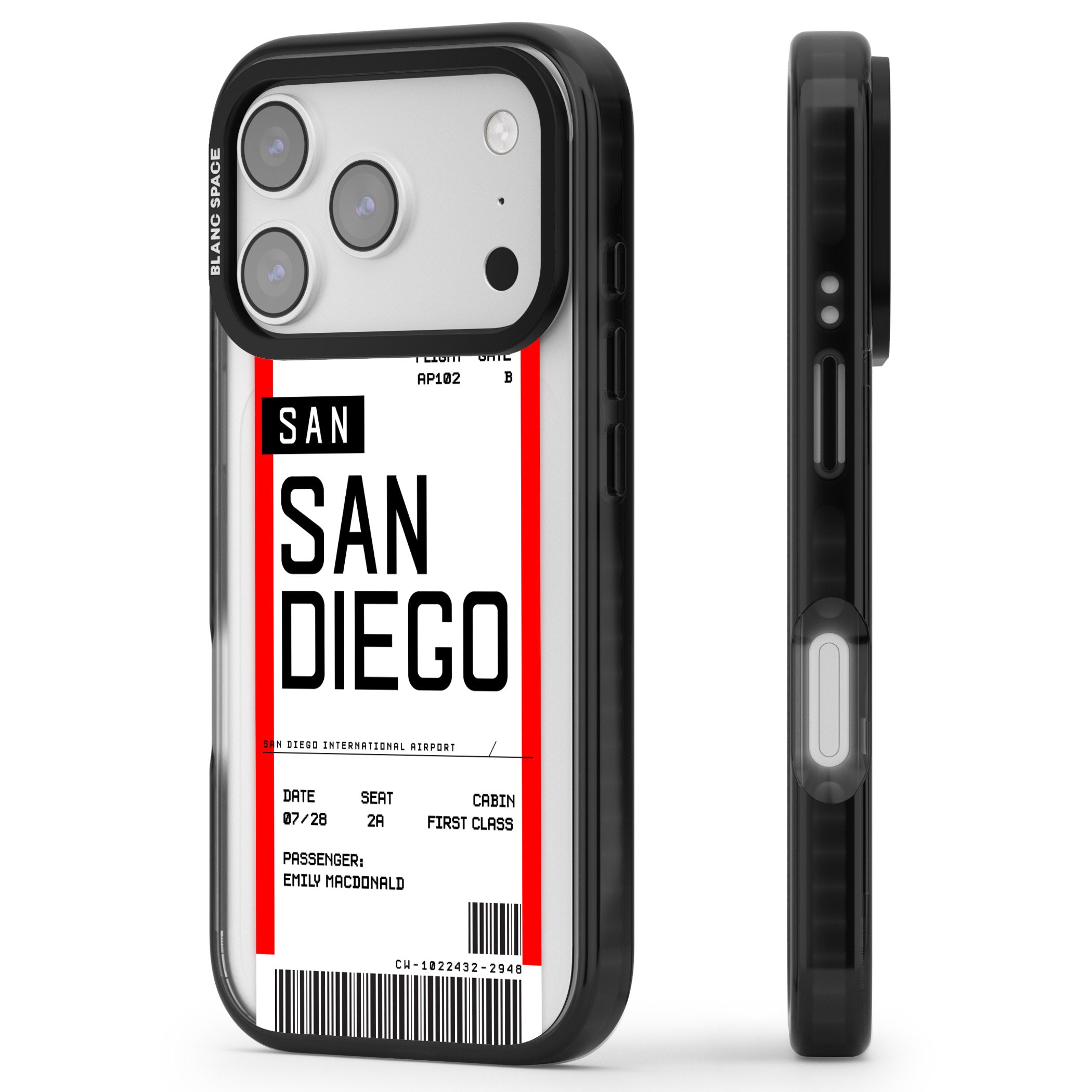 Personalised San Diego Boarding Pass iPhone 17 Pro Impact Pro Black Phone Case Side Profile