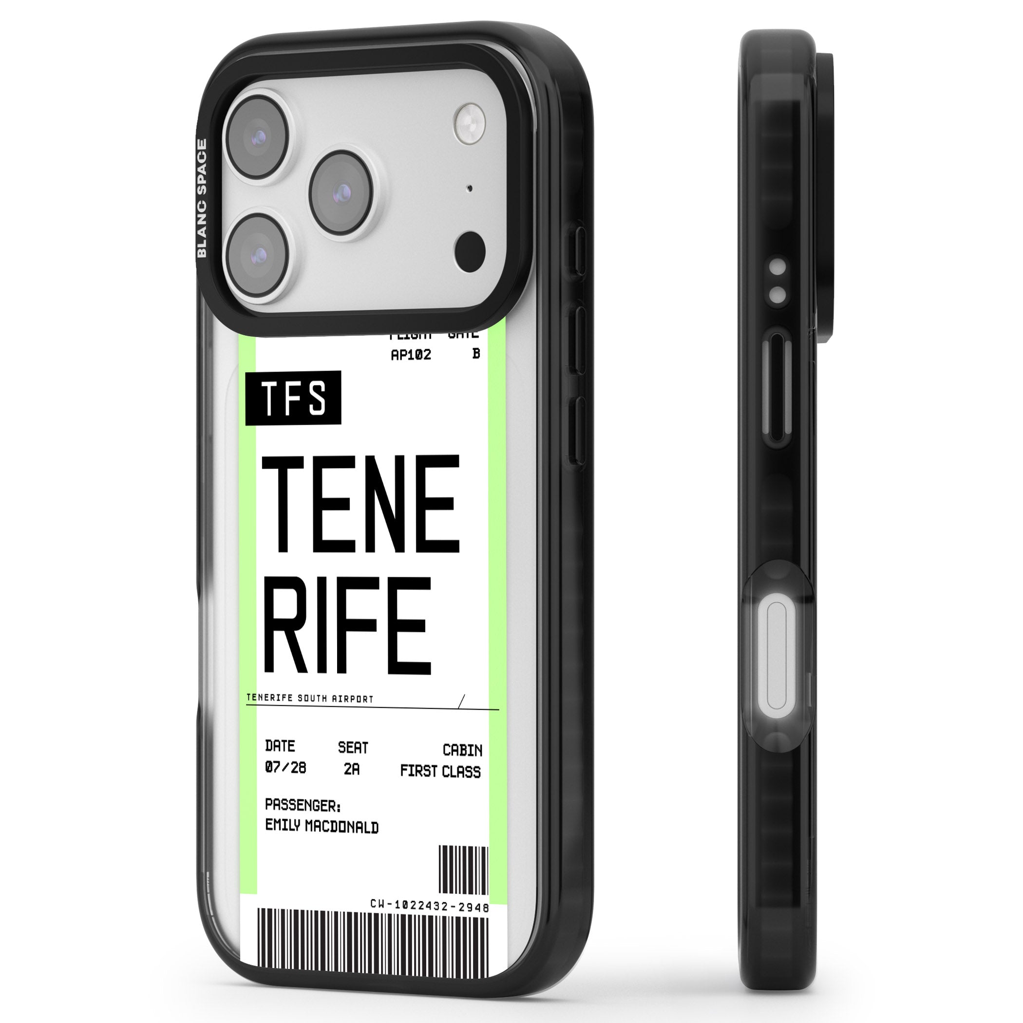 Personalised Tenerife Boarding Pass iPhone 17 Pro Max Impact Pro Black Phone Case Side Profile