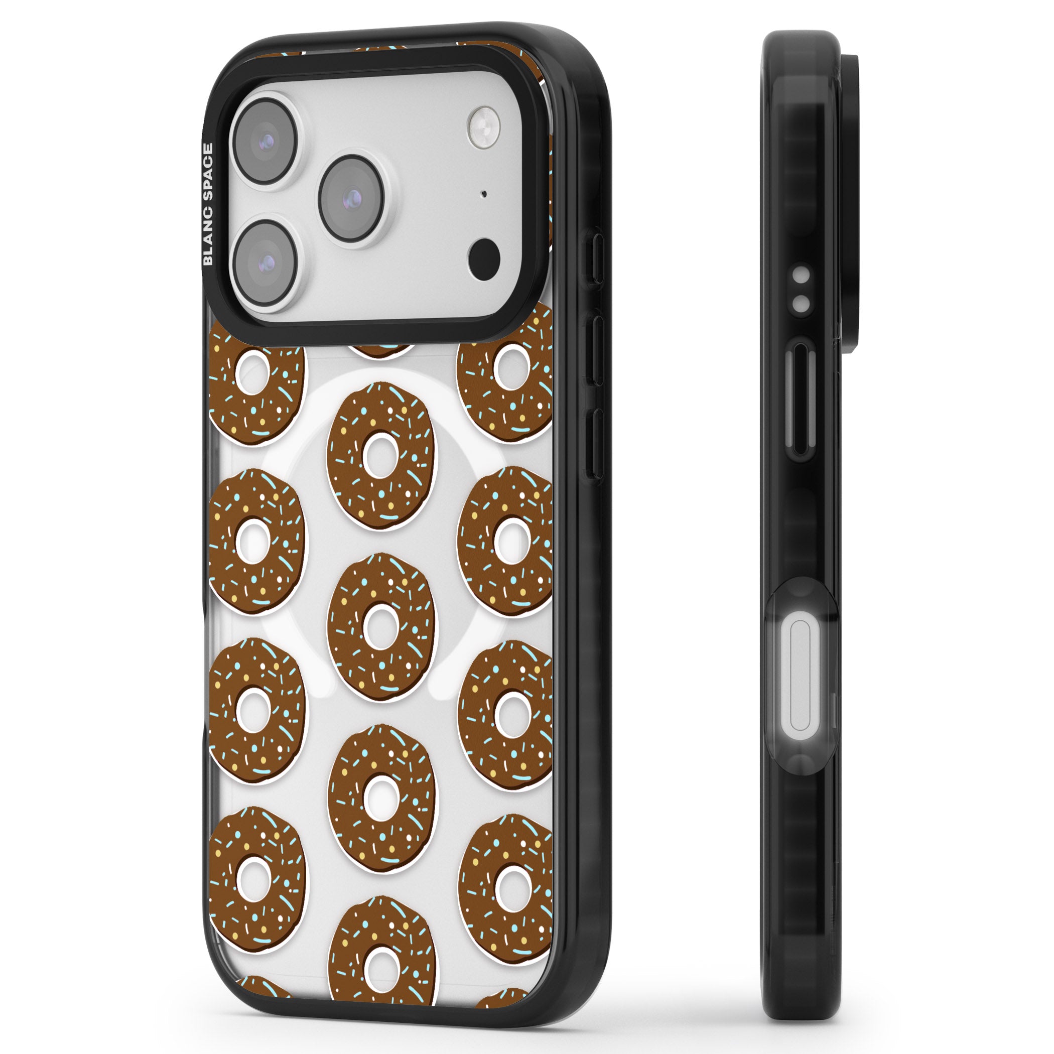 Chocolate Donut Pattern iPhone 17 Pro Impact Pro Black Phone Case Side Profile