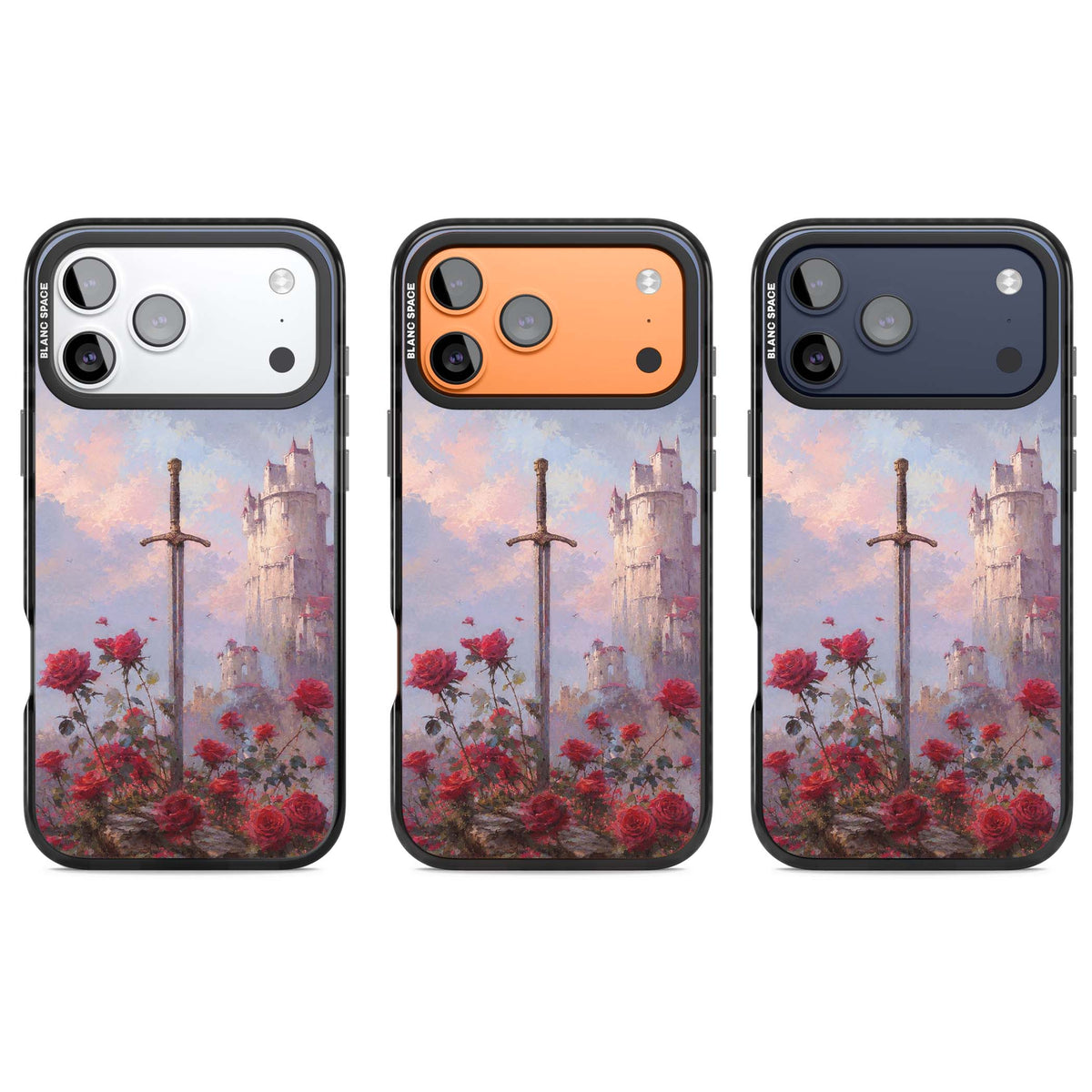 Sword in Roses medieval art iPhone case featuring a sword, red roses, and a misty fairytale castle at sunset | Black Impact Magsafe case for iPhone 17 Pro, iPhone 17 Pro Max