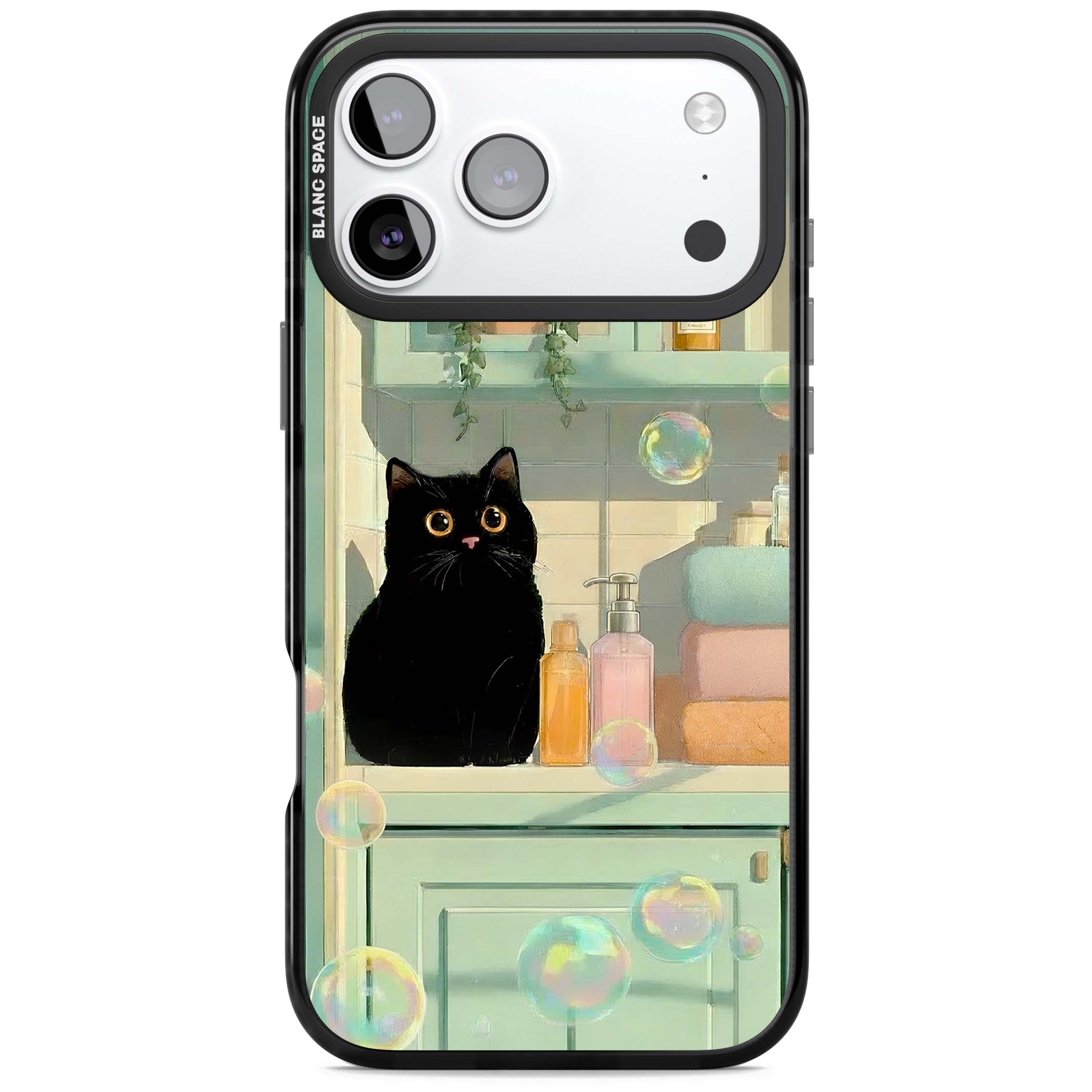 Bathroom Bubble Kitty cottagecore iPhone case featuring a black cat, mint bathroom scene and floating soap bubbles | Black Impact Magsafe case for iPhone 17 Pro, iPhone 17 Pro Max