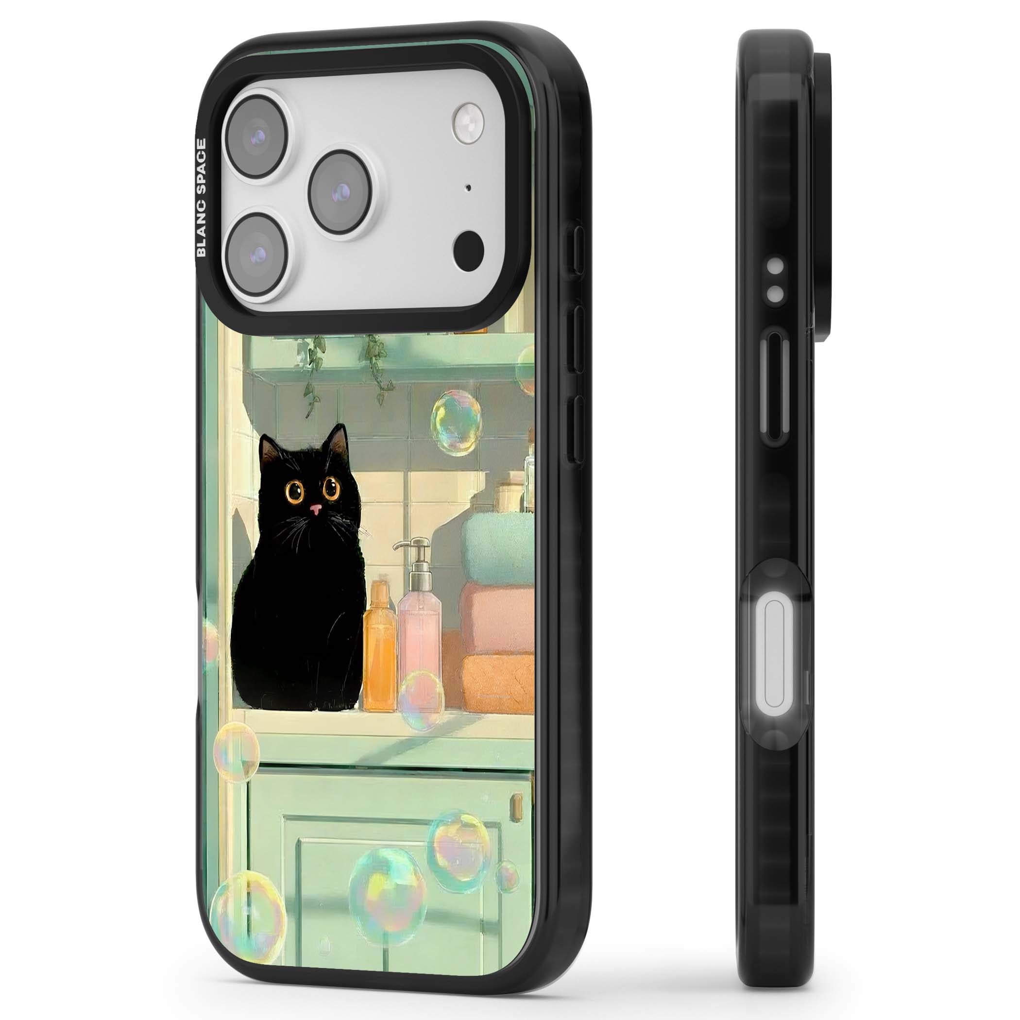 Bathroom Bubble Kitty cottagecore iPhone case featuring a black cat, mint bathroom scene and floating soap bubbles | Black Impact Magsafe case for iPhone 17 Pro, iPhone 17 Pro Max